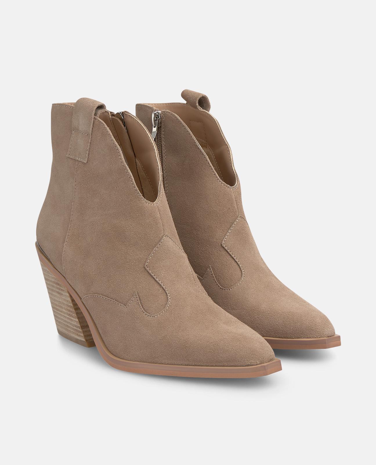 Botins Cowboy com Salto com Biqueira Afiada e Abertura com Fecho Zip Bege-2