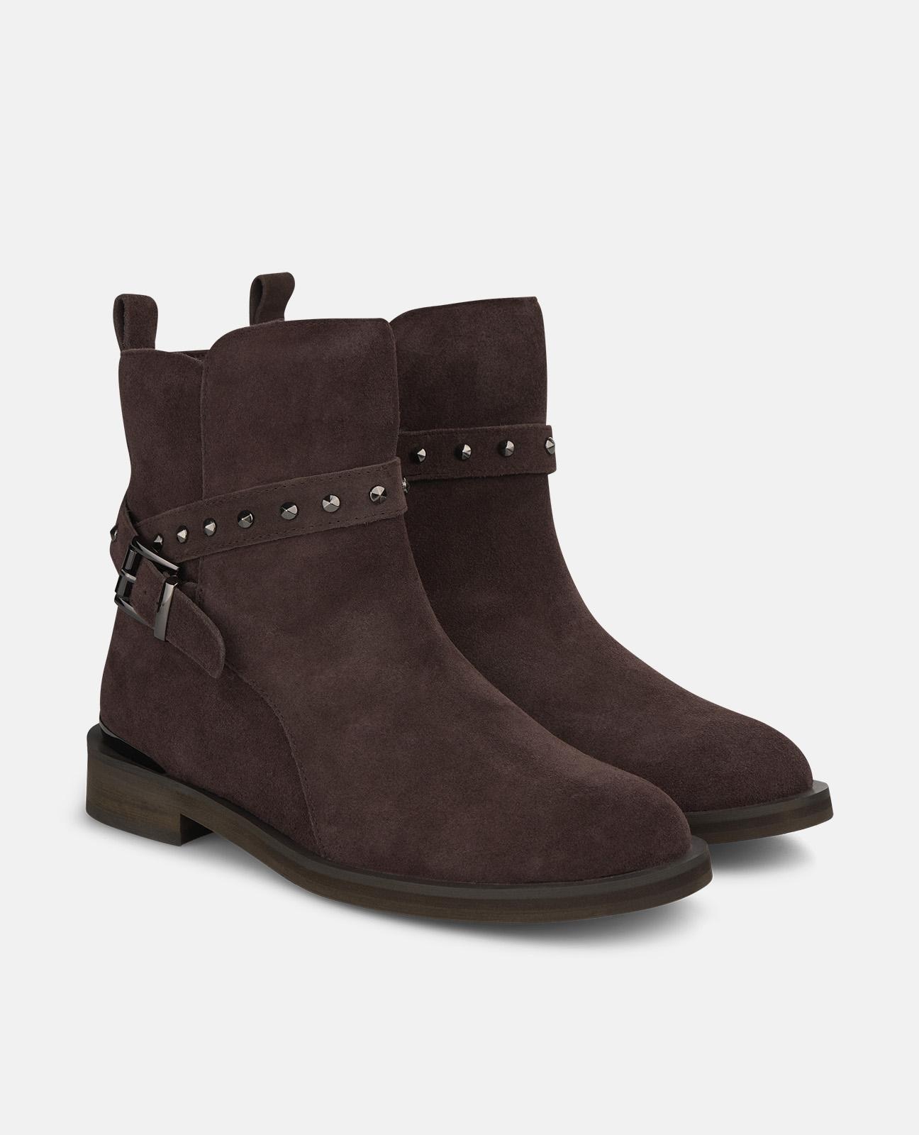 Botins Básicos de Pele com Detalhes e Biqueira Redonda Castanho-escuro-2