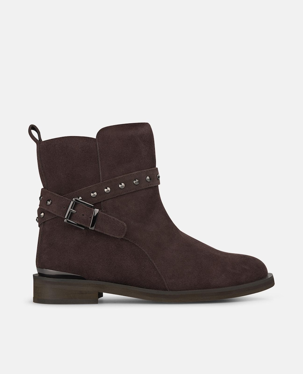 Botins Básicos de Pele com Detalhes e Biqueira Redonda Castanho-escuro-1