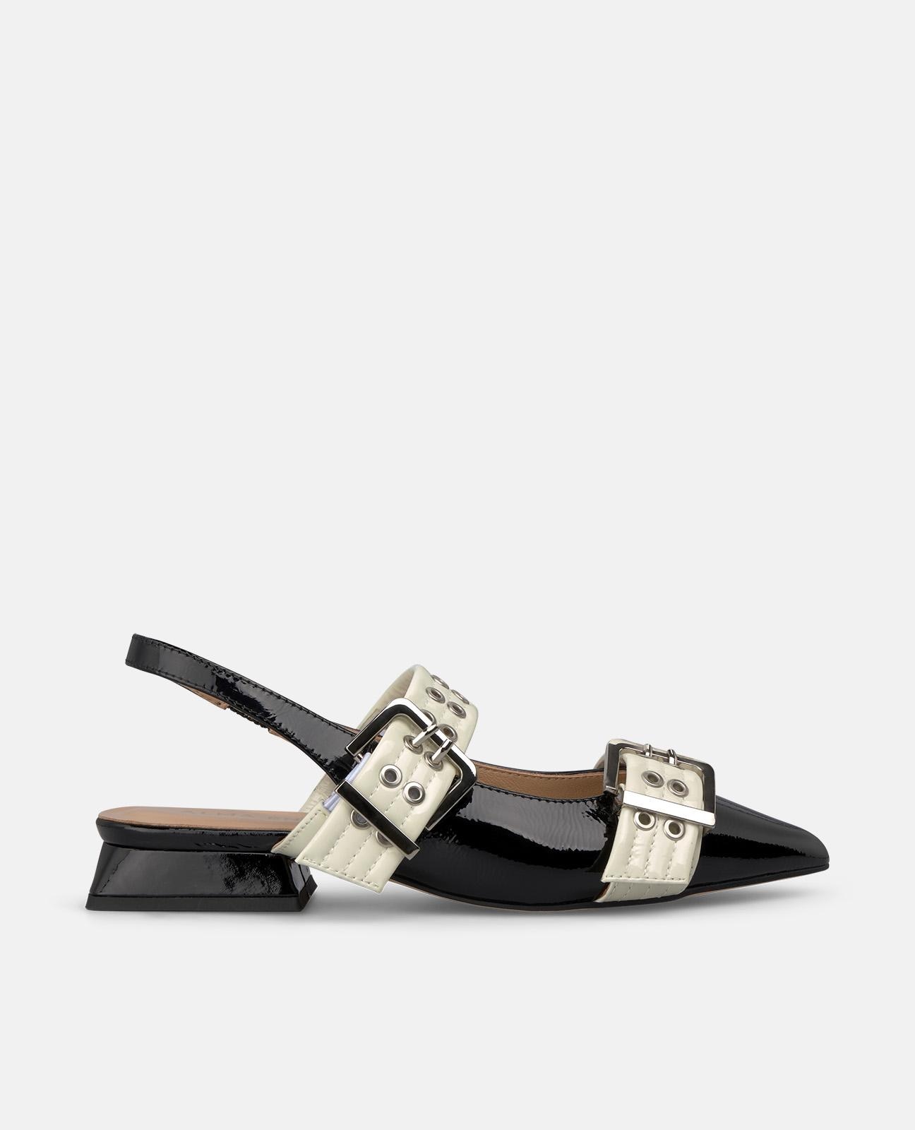 Sapatos Rasos com o Calcanhar Aberto e Fivelas Largas Preto-1