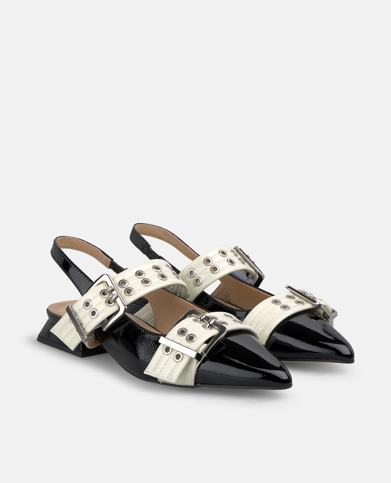 Sapatos Rasos com o Calcanhar Aberto e Fivelas Largas Preto-2