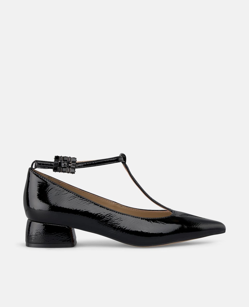 Sapatos Rasos com Fivela Joia no Tornozelo e Fecho com Fivela Preto-1