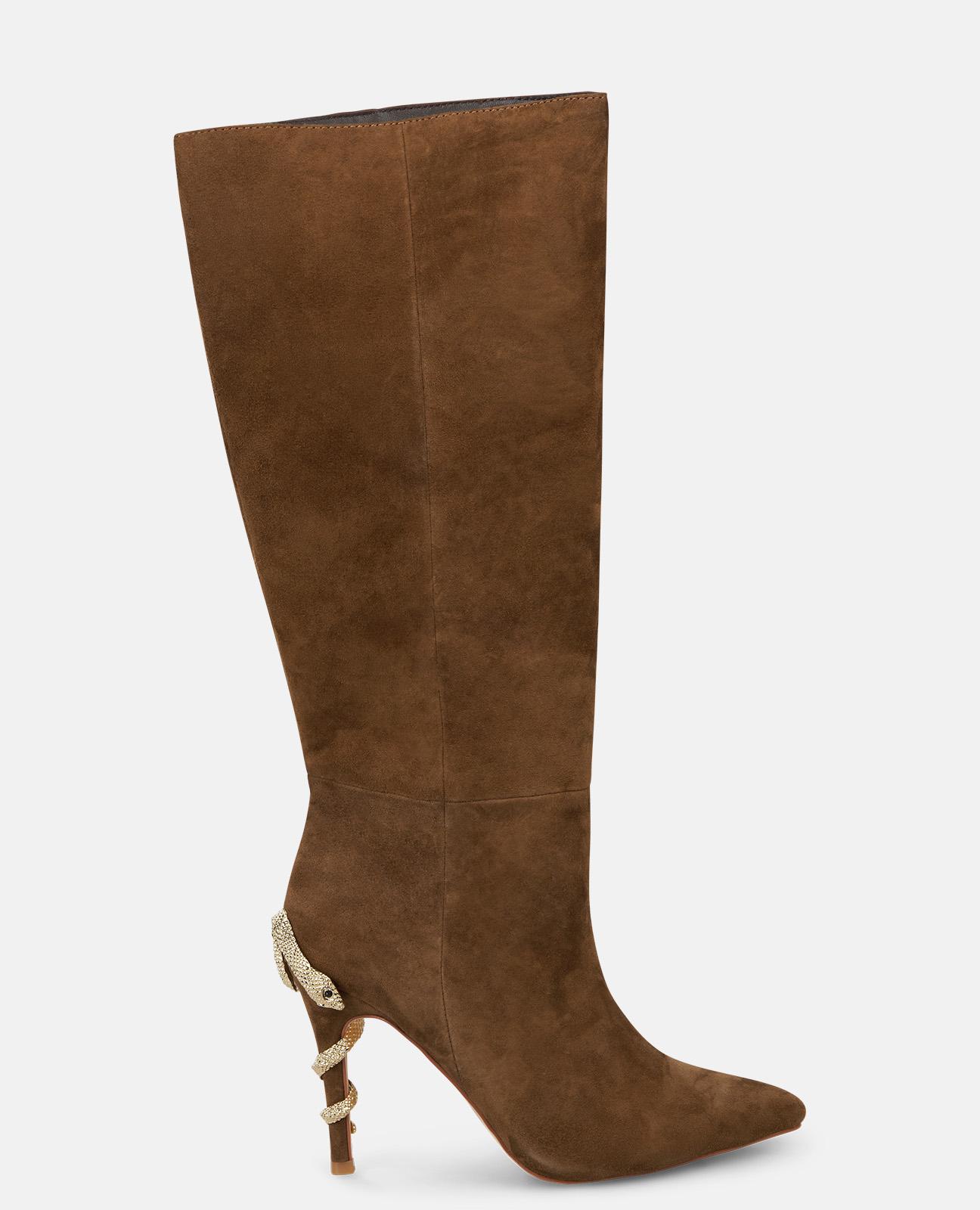 Botas básicas de mujer de tacón con serpiente y puntera afilada Castanho-1