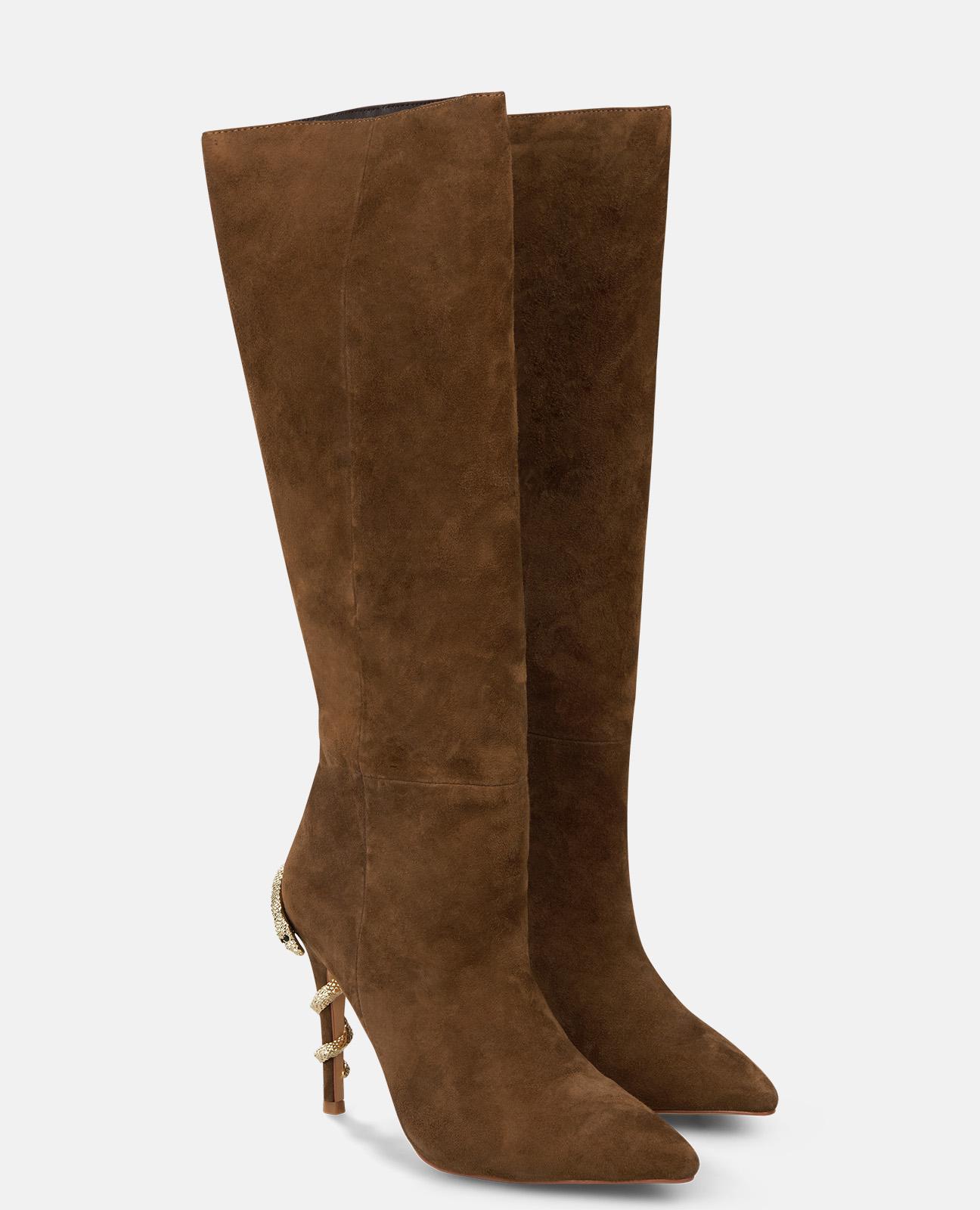 Botas básicas de mujer de tacón con serpiente y puntera afilada Castanho-2