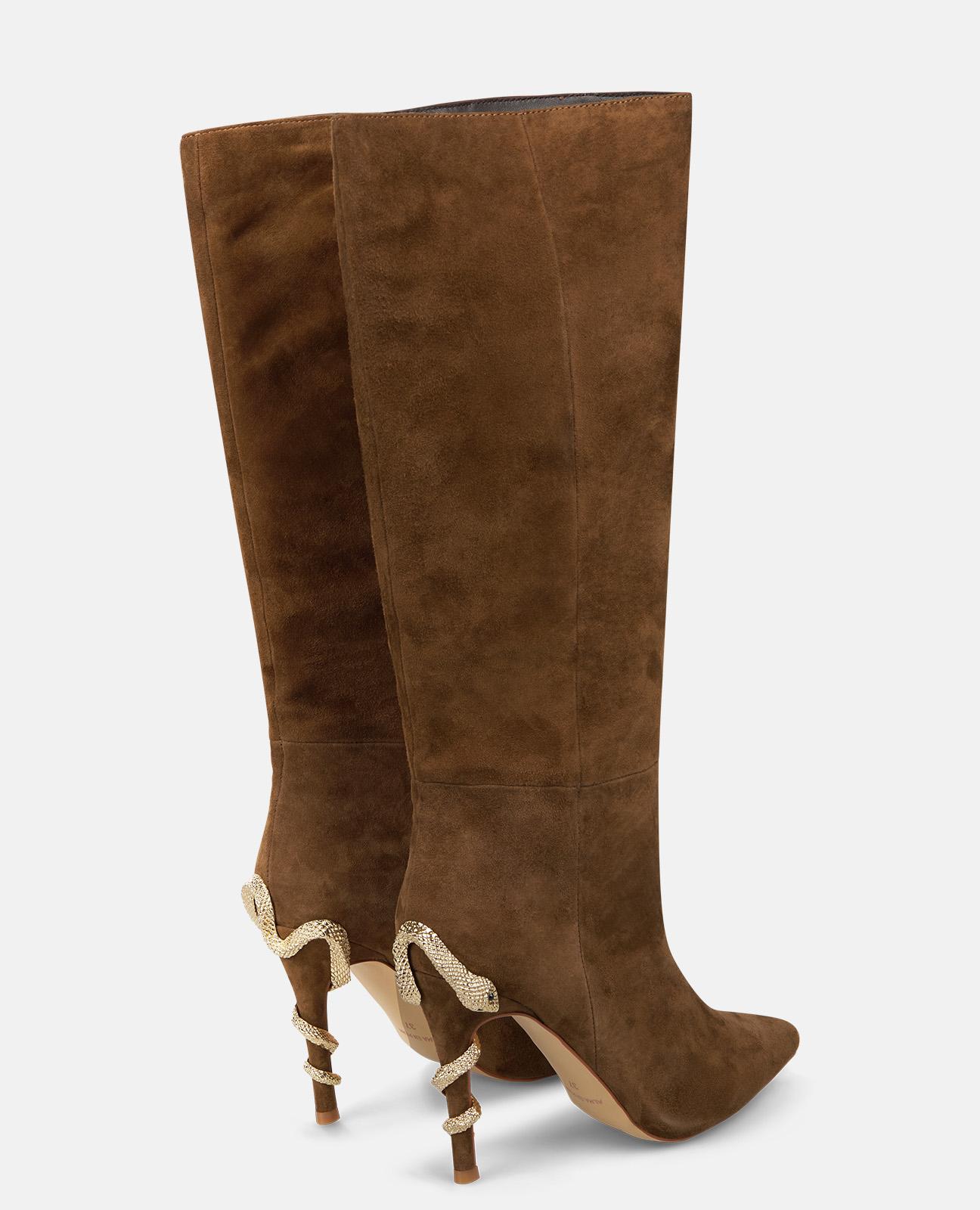 Botas básicas de mujer de tacón con serpiente y puntera afilada Castanho-3