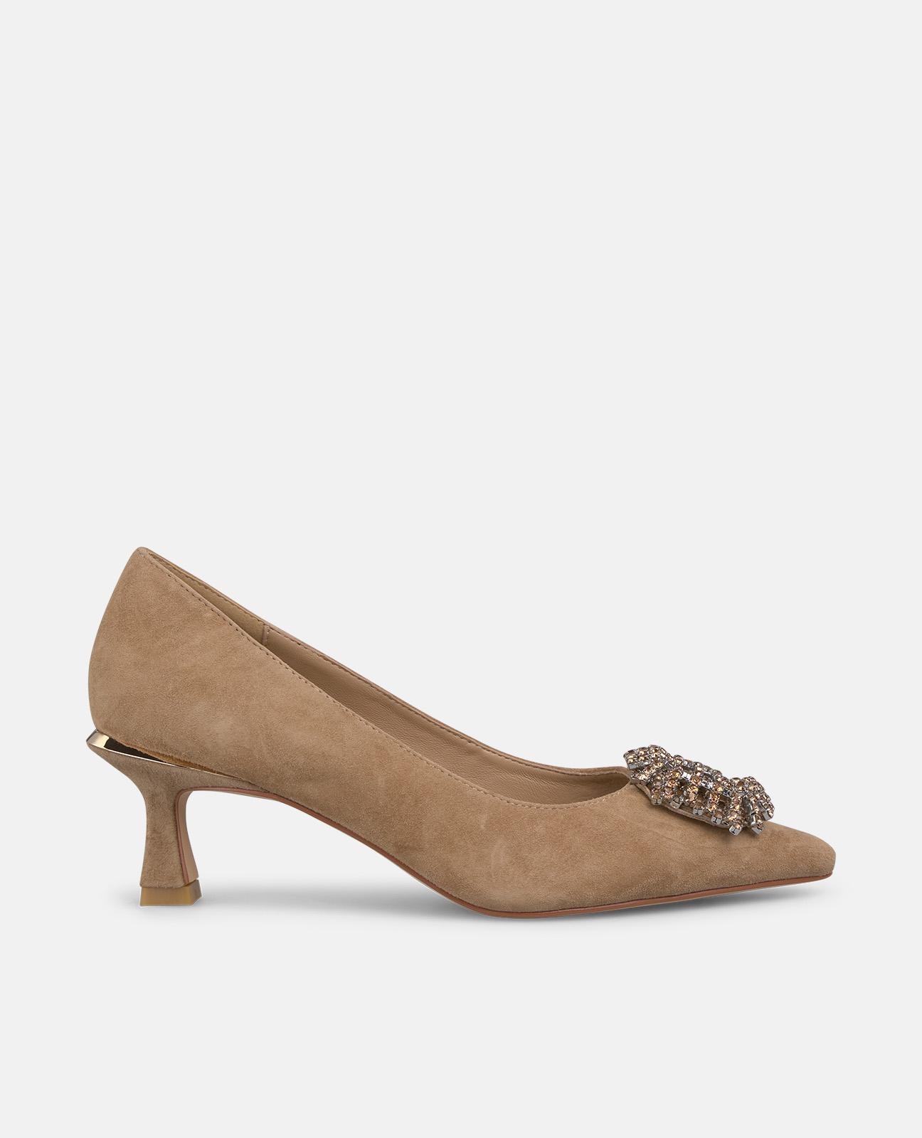 Sapatos de Salto com Broche Quadrado de Pedraria e Biqueira Afiada Camel-1
