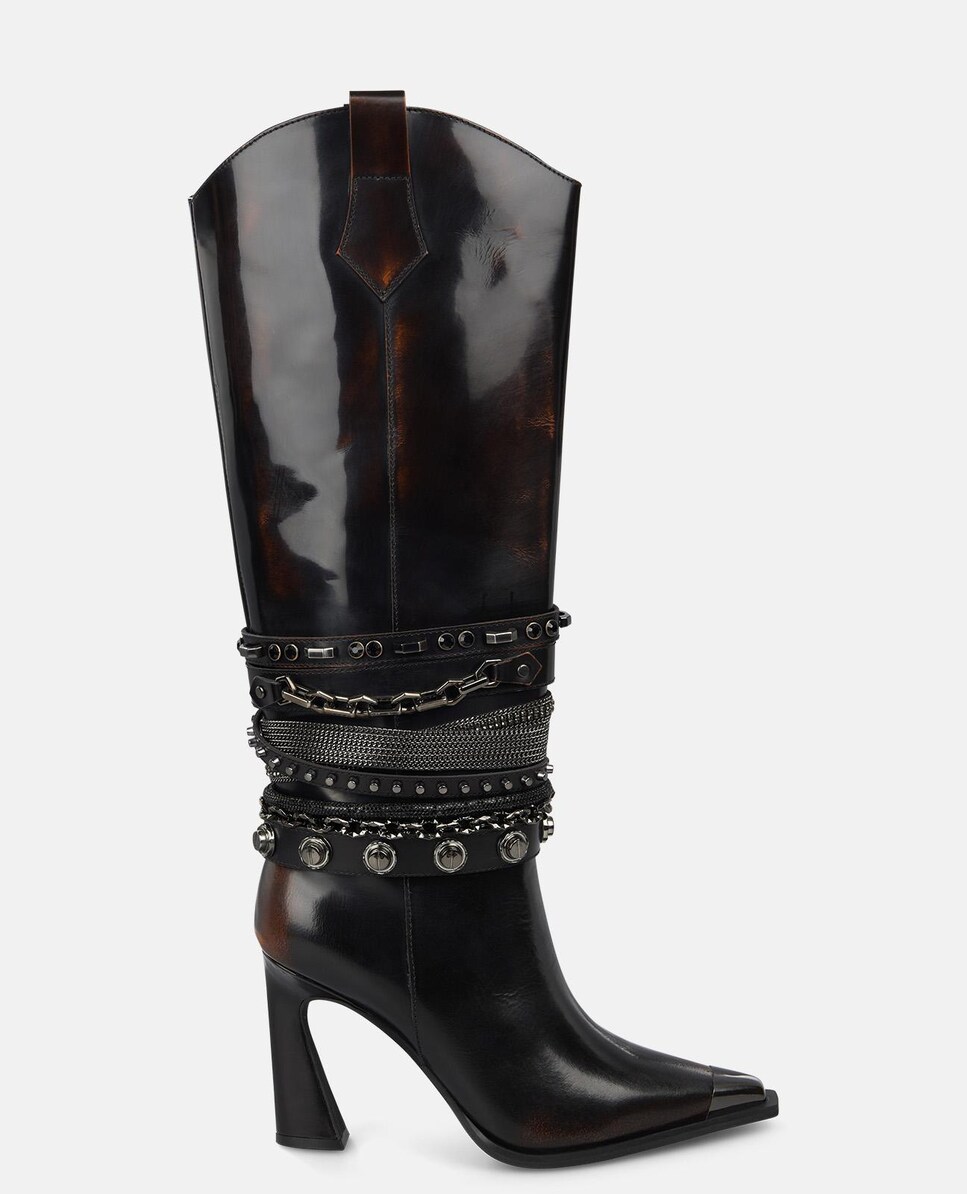 Botas de Salto com Pedras Decorativas no Cano e Biqueira Pontiaguda com Detalhe Metálico Castanho-1