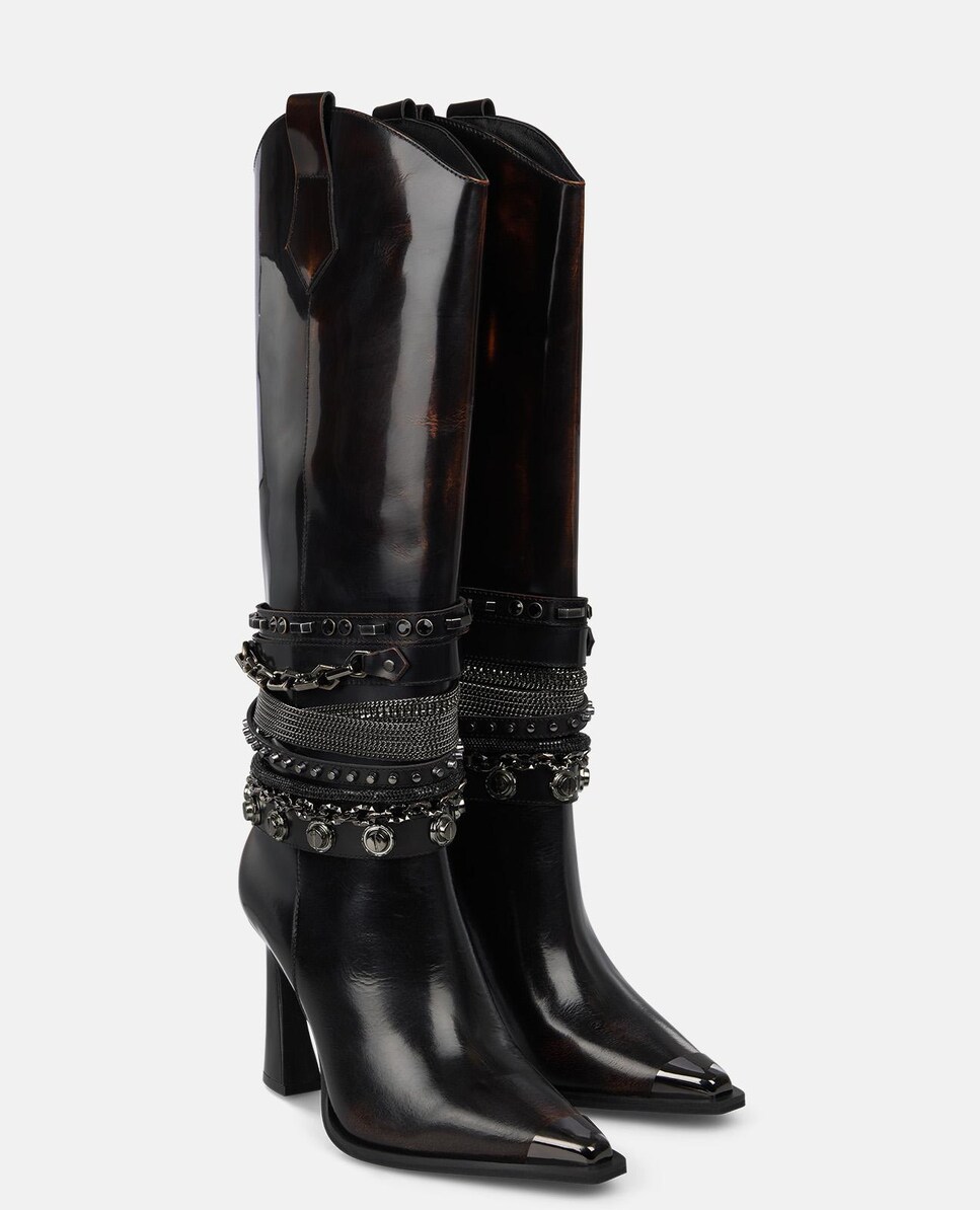 Botas de Salto com Pedras Decorativas no Cano e Biqueira Pontiaguda com Detalhe Metálico Castanho-2