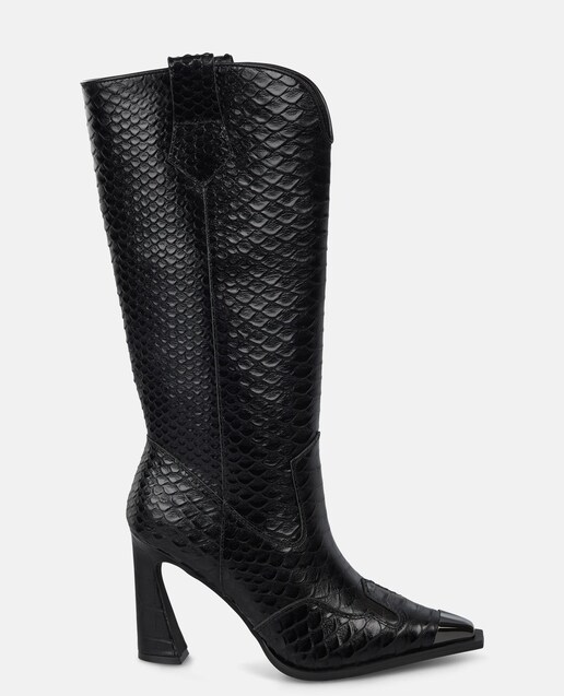 Imagem 0 de Botas de Salto com Textura e Biqueira Pontiaguda com Detalhe Metálico