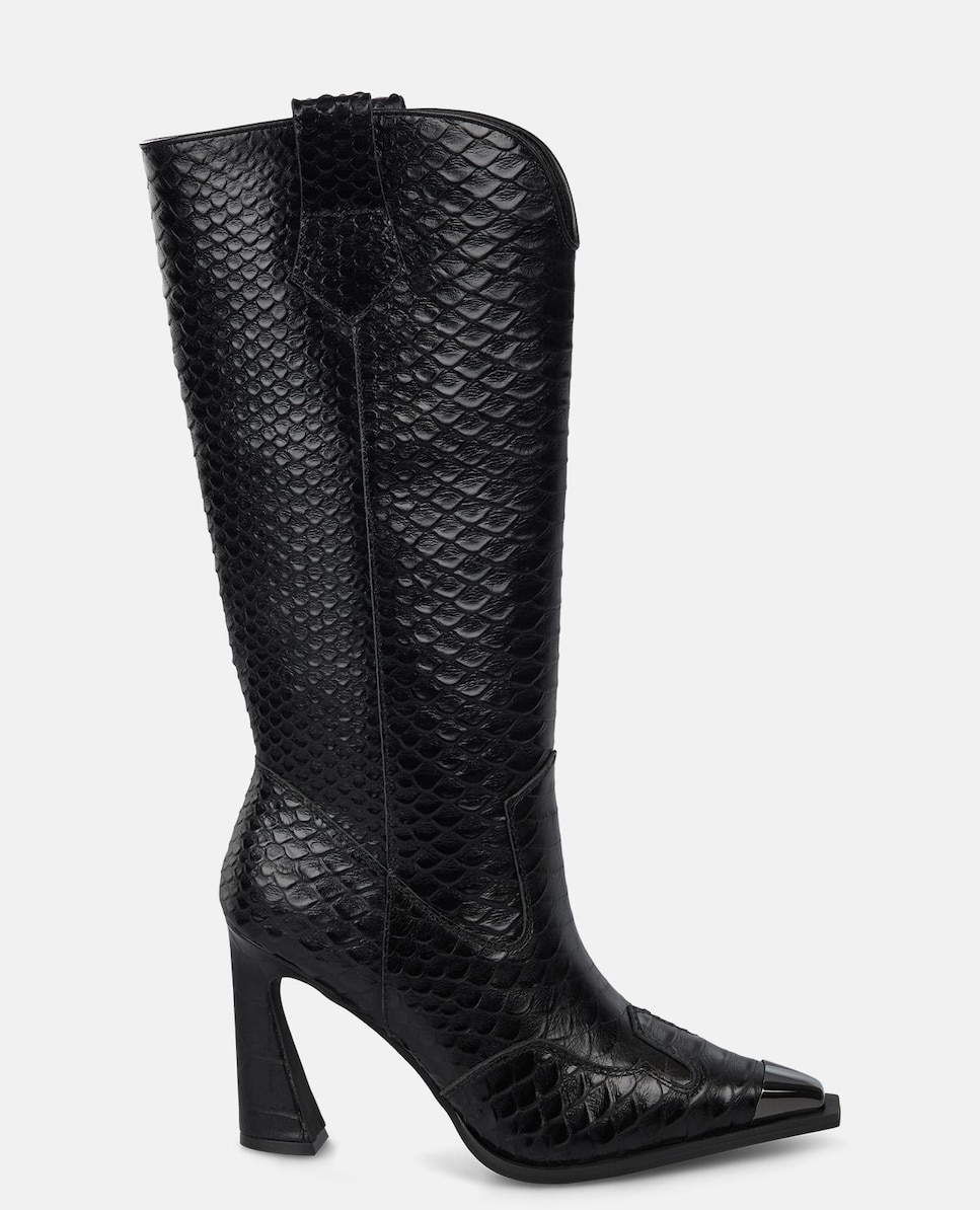 Botas de Salto com Textura e Biqueira Pontiaguda com Detalhe Metálico Preto-1