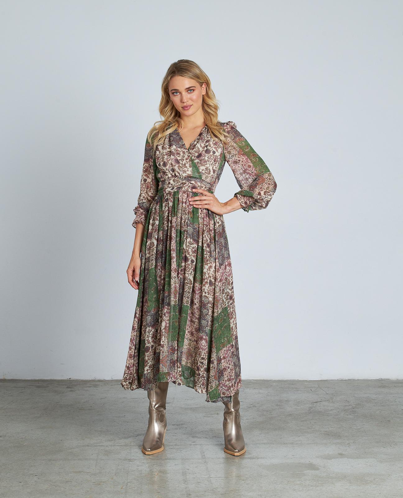 Imagem 0 de Vestido Comprido com Folho e Mangas Abalonadas Semitransparentes