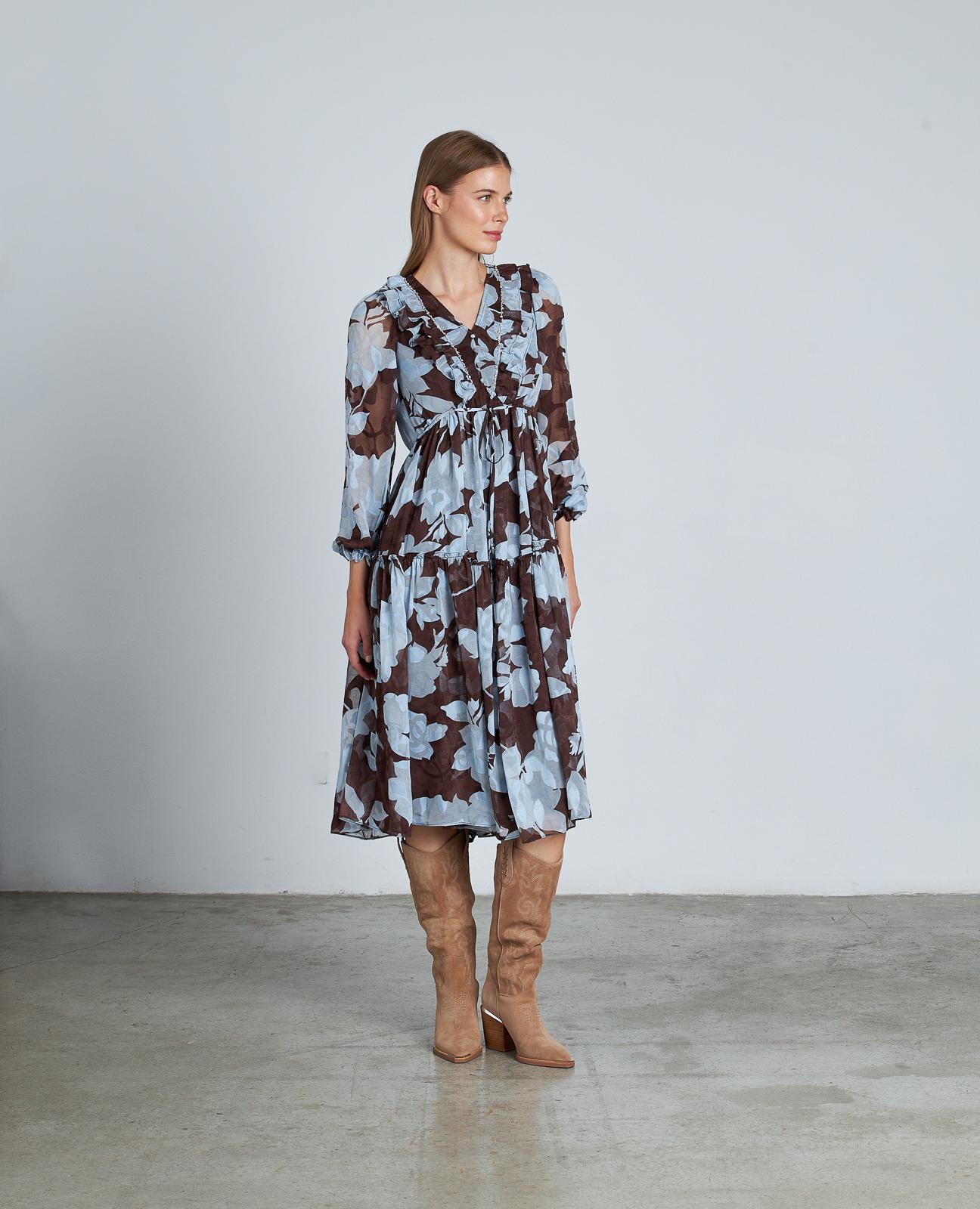 Imagem 0 de Vestido Comprido com Folhos e Mangas Abalonadas Semitransparentes