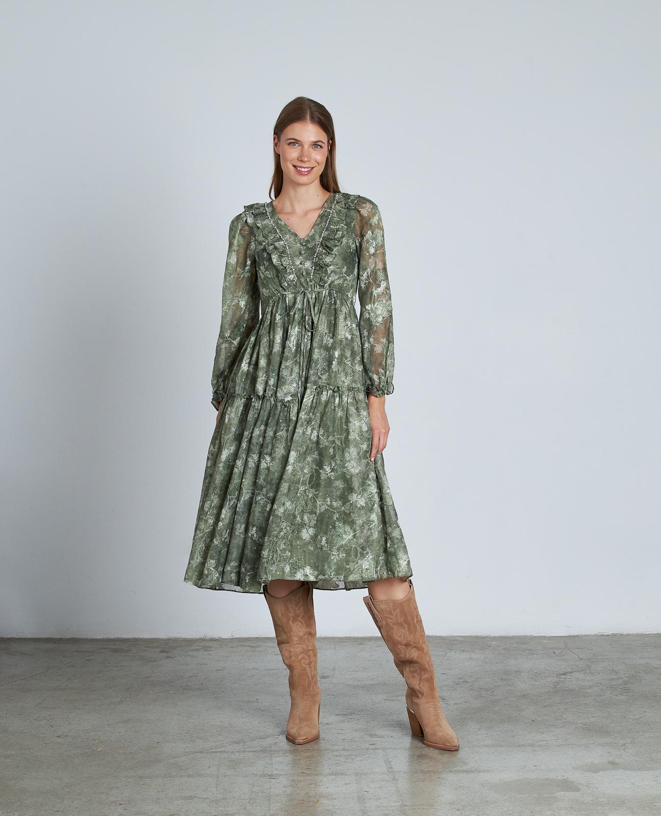 Imagem 0 de Vestido Comprido com Folhos e Mangas Abalonadas Semitransparentes