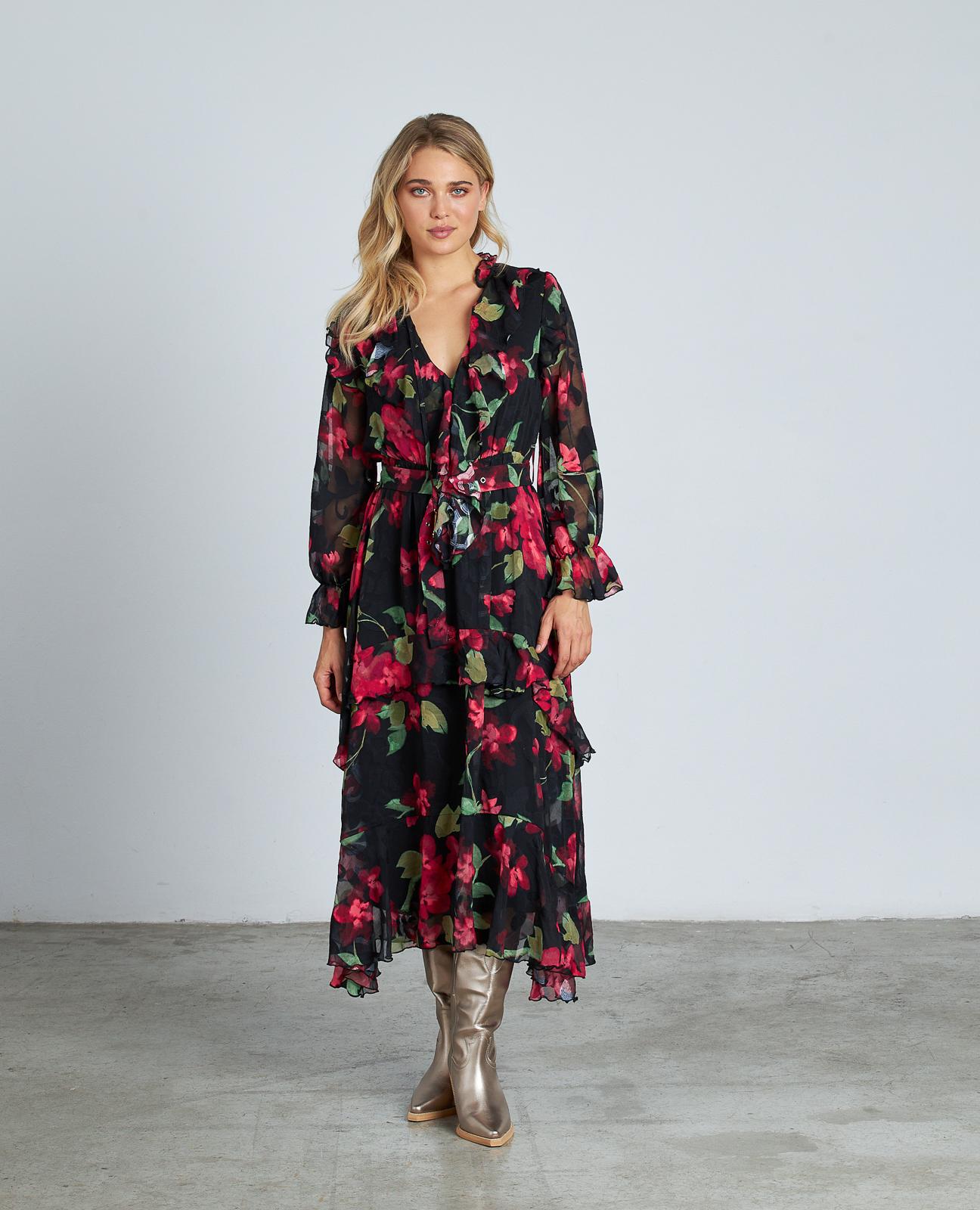 Imagem 0 de Vestido Comprido Estampado com Folhos e Cinto Ajustável