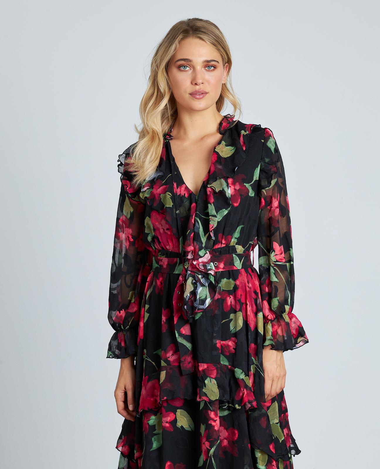 Vestido Comprido Estampado com Folhos e Cinto Ajustável Vermelho-2