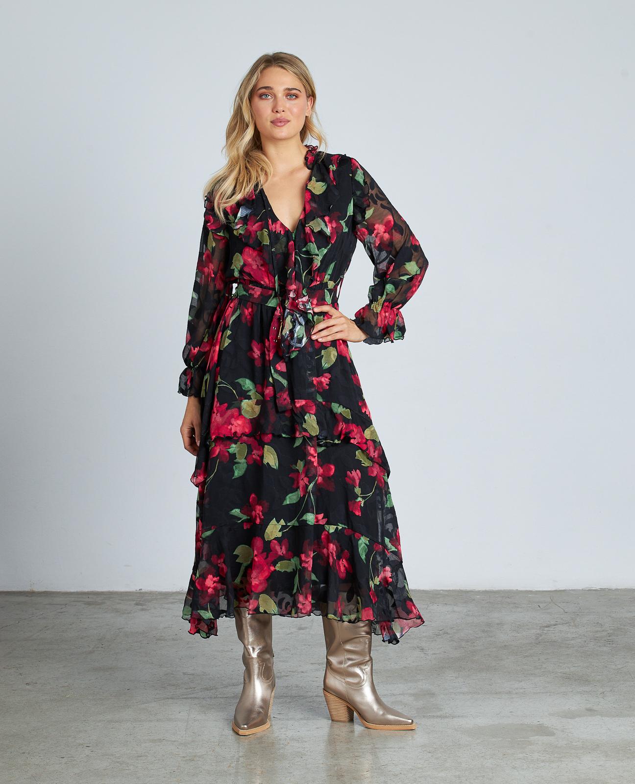 Vestido Comprido Estampado com Folhos e Cinto Ajustável Vermelho-3