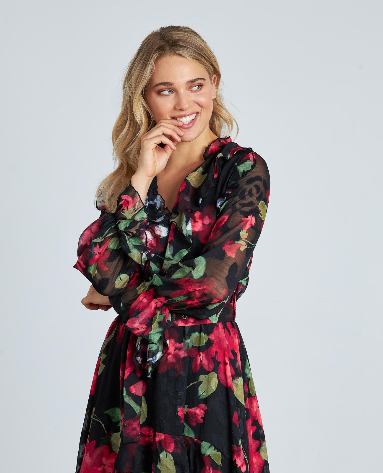 Vestido Comprido Estampado com Folhos e Cinto Ajustável Vermelho-4