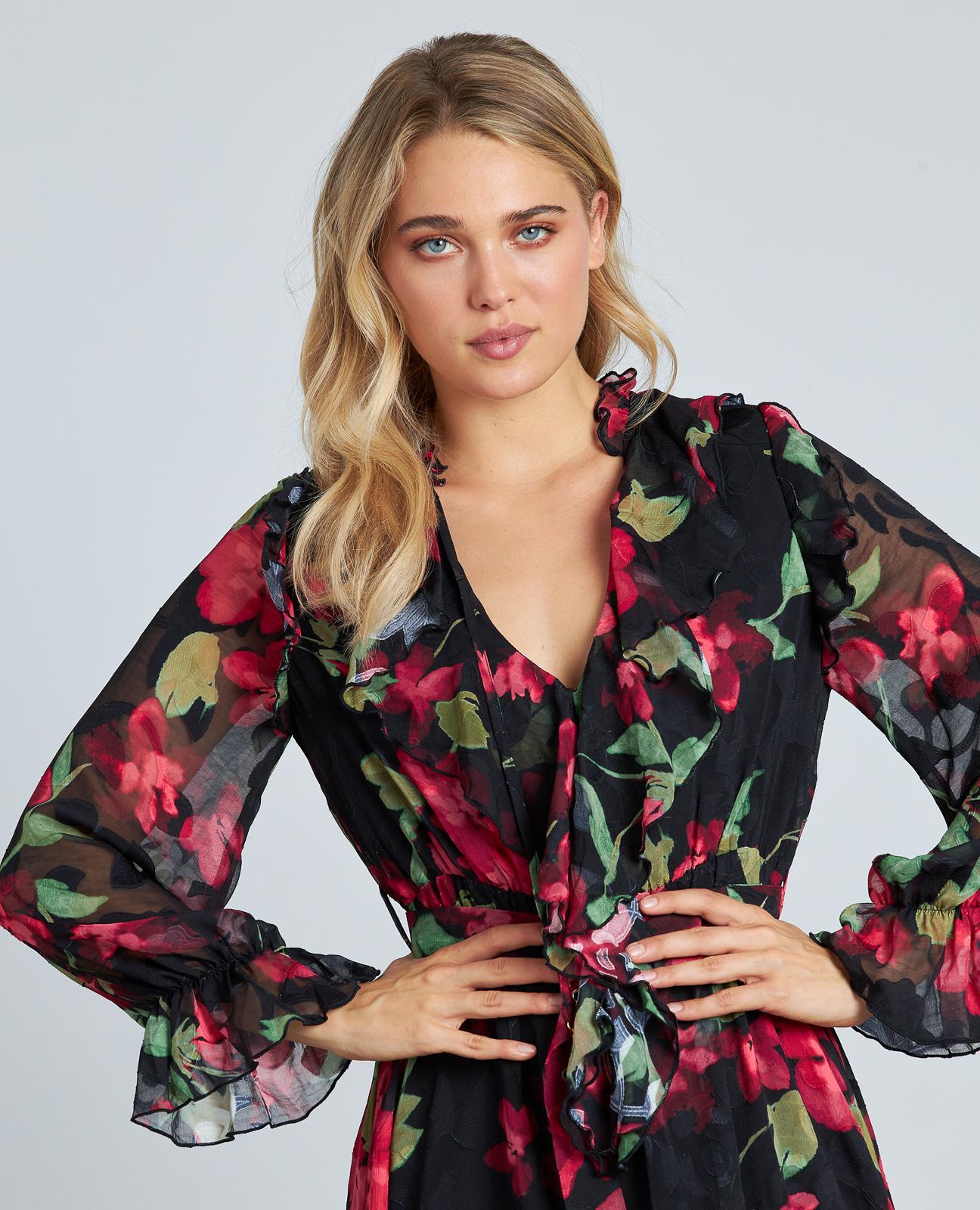 Vestido Comprido Estampado com Folhos e Cinto Ajustável Vermelho-5