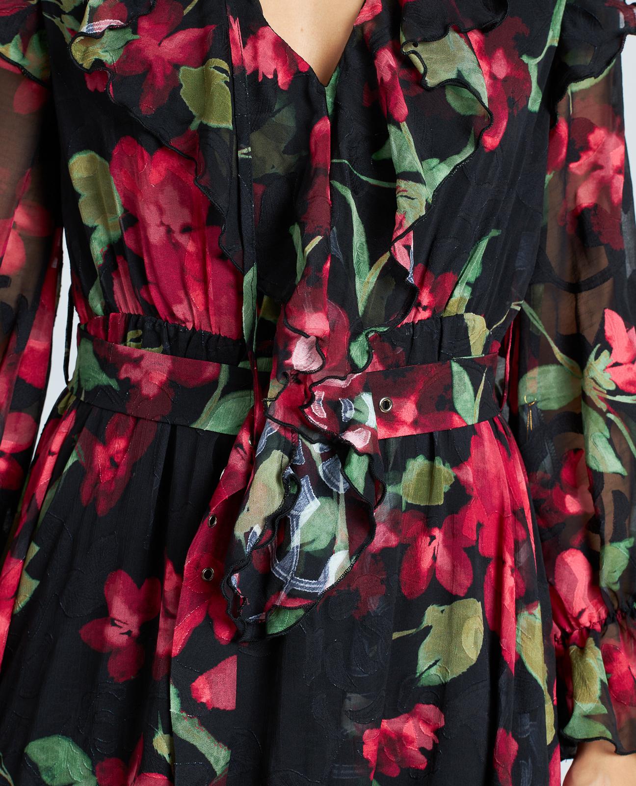 Vestido Comprido Estampado com Folhos e Cinto Ajustável Vermelho-7