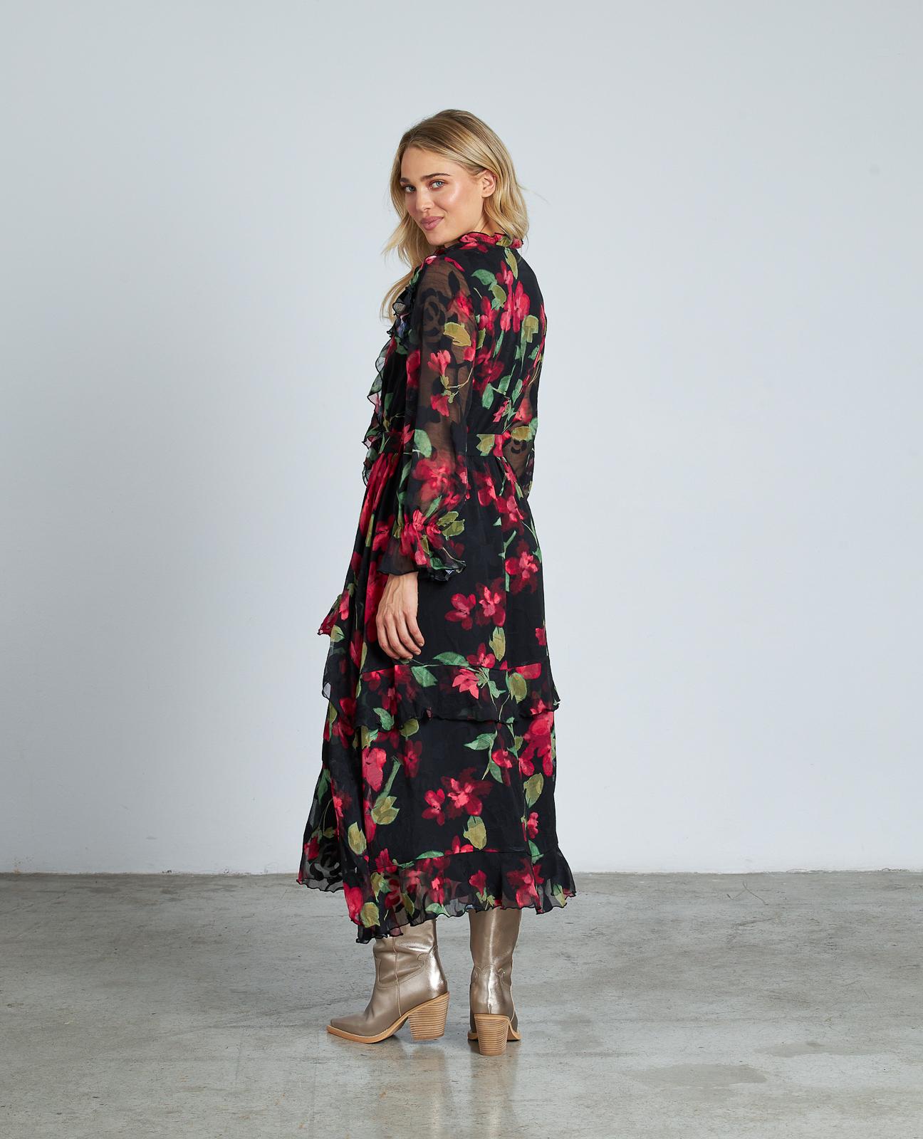 Vestido Comprido Estampado com Folhos e Cinto Ajustável Vermelho-8