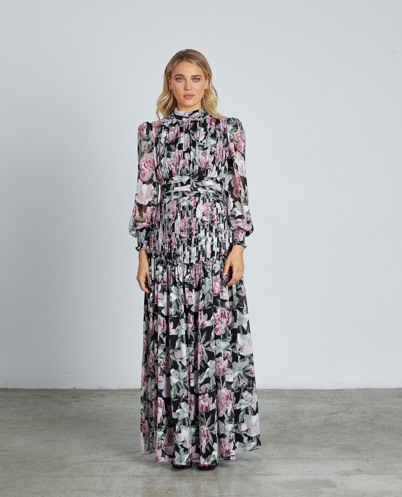 Imagem 0 de Vestido Comprido Estampado com Folhos e Mangas Compridas Semitransparentes com Gola Alta