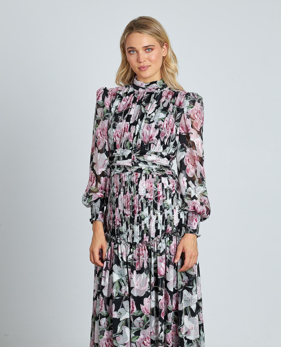 Vestido Comprido Estampado com Folhos e Mangas Compridas Semitransparentes com Gola Alta Rosa-2