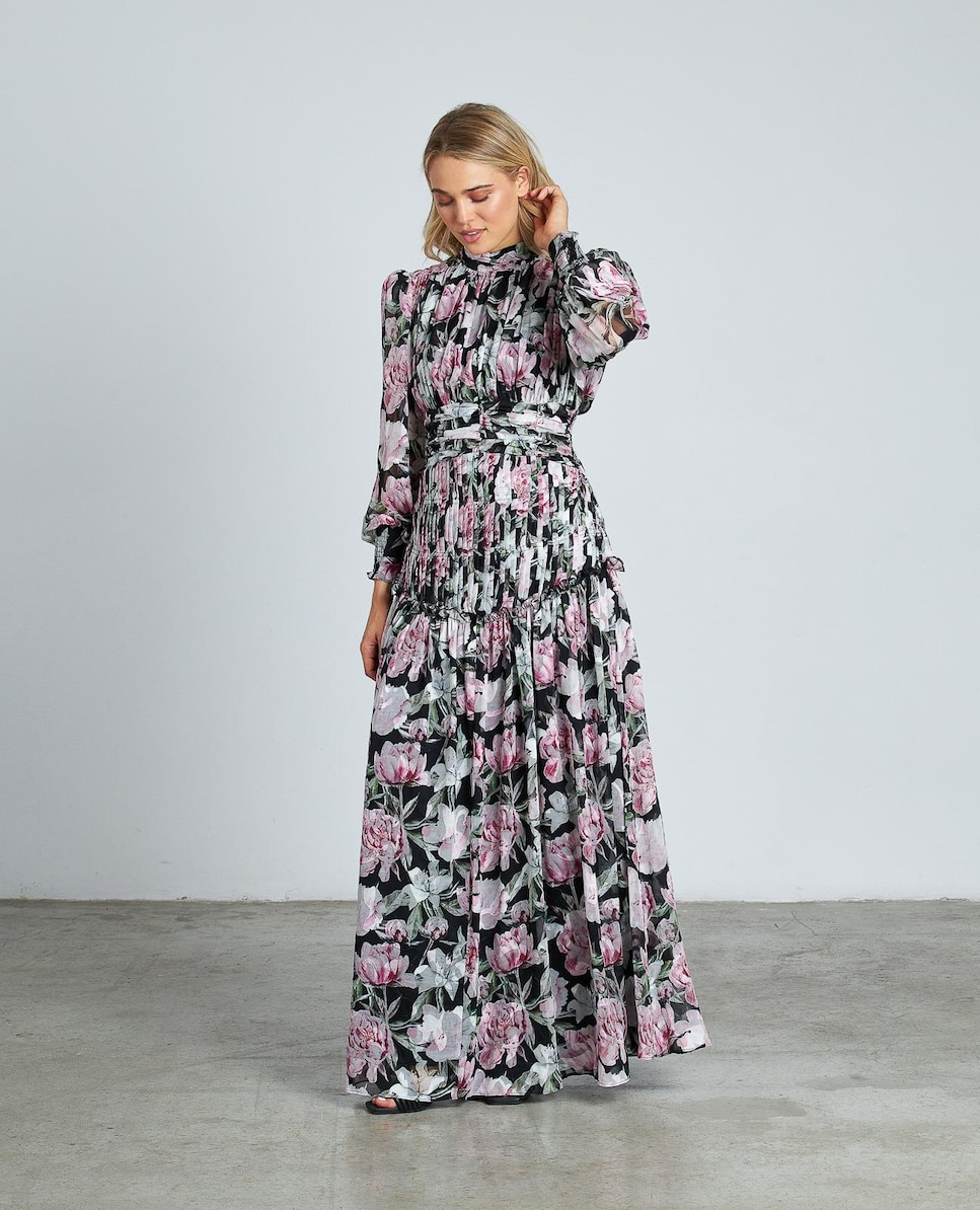 Vestido Comprido Estampado com Folhos e Mangas Compridas Semitransparentes com Gola Alta Rosa-3