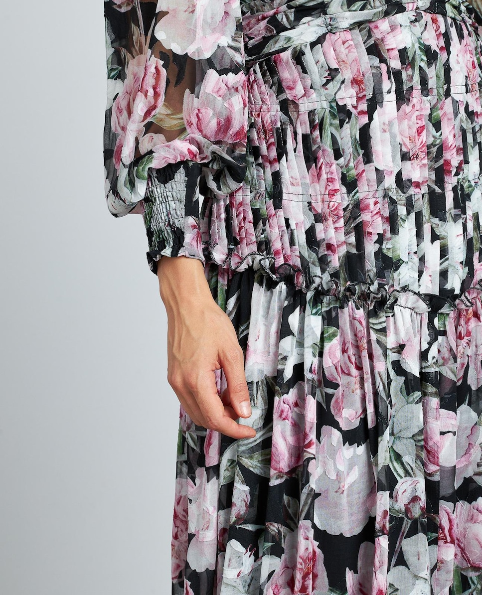 Vestido Comprido Estampado com Folhos e Mangas Compridas Semitransparentes com Gola Alta Rosa-5