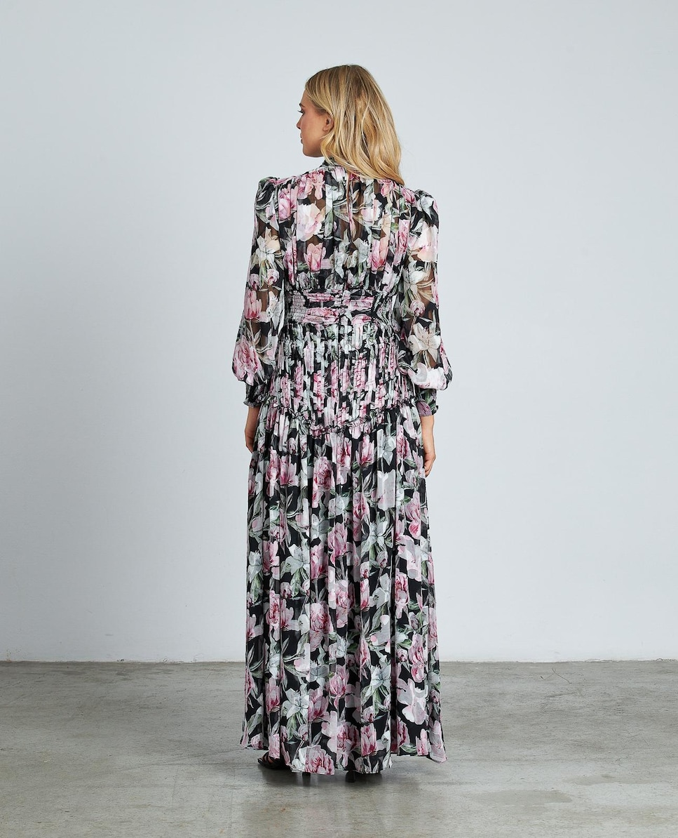 Vestido Comprido Estampado com Folhos e Mangas Compridas Semitransparentes com Gola Alta Rosa-6