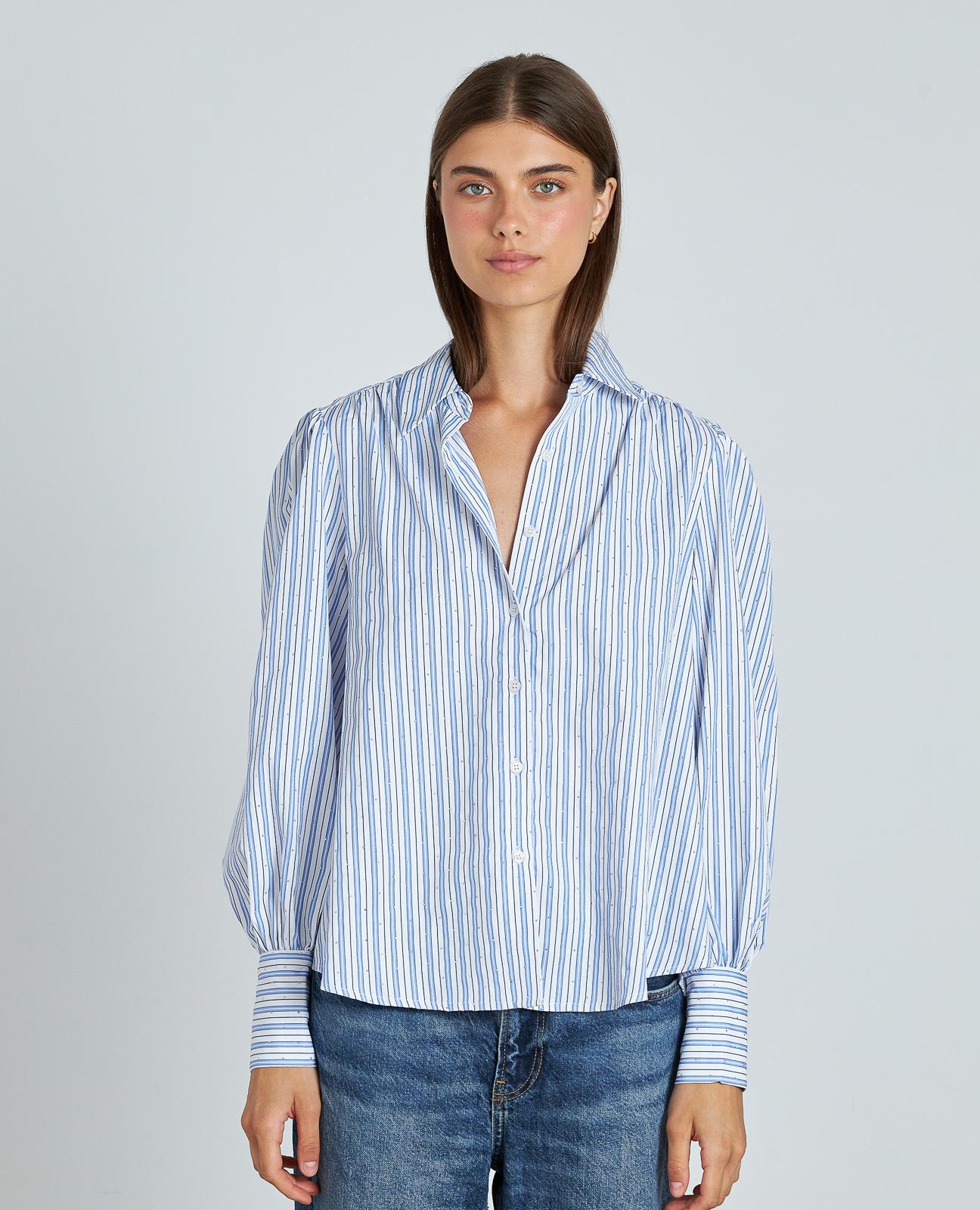 Camisa Às Riscas com Detalhes de Pedraria Azul-1