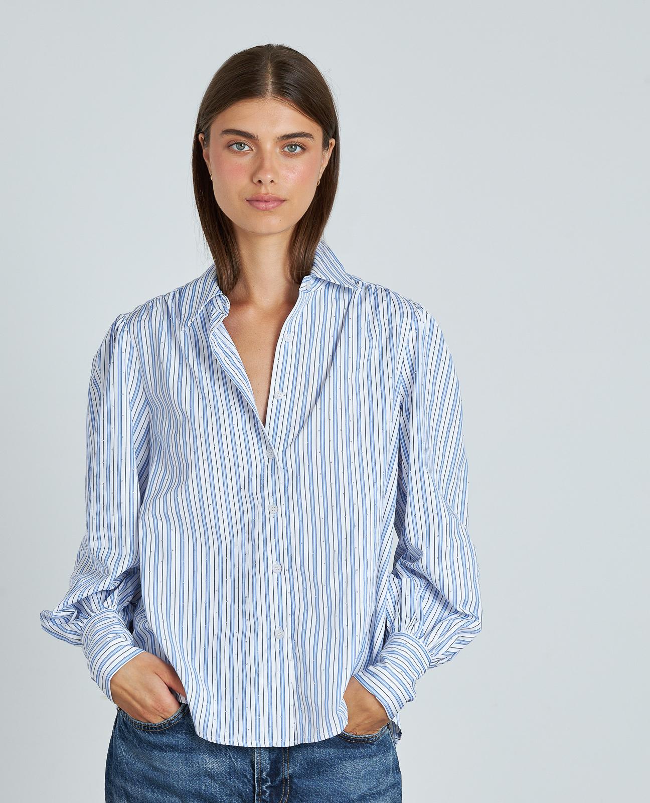 Camisa Às Riscas com Detalhes de Pedraria Azul-2