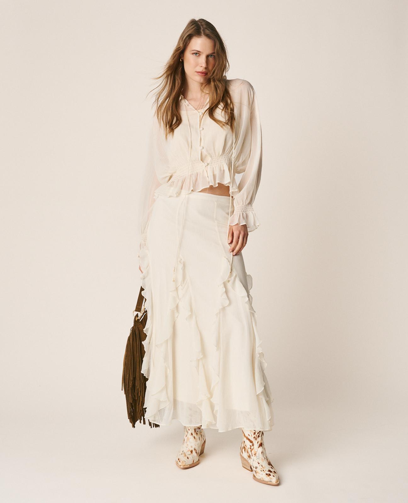Blusa Semitransparente com Folhos e Gola em V Branco-2