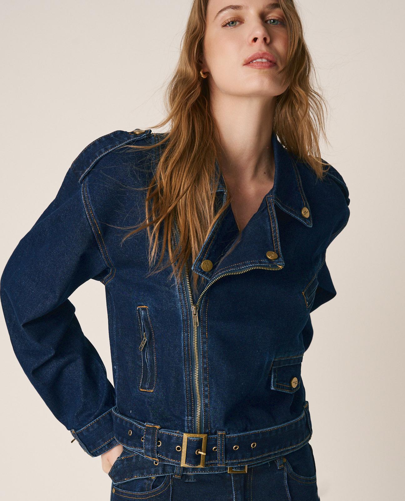 Blusão Jeans com Mangas de Fivelas Ajustáveis Azul-escuro-1