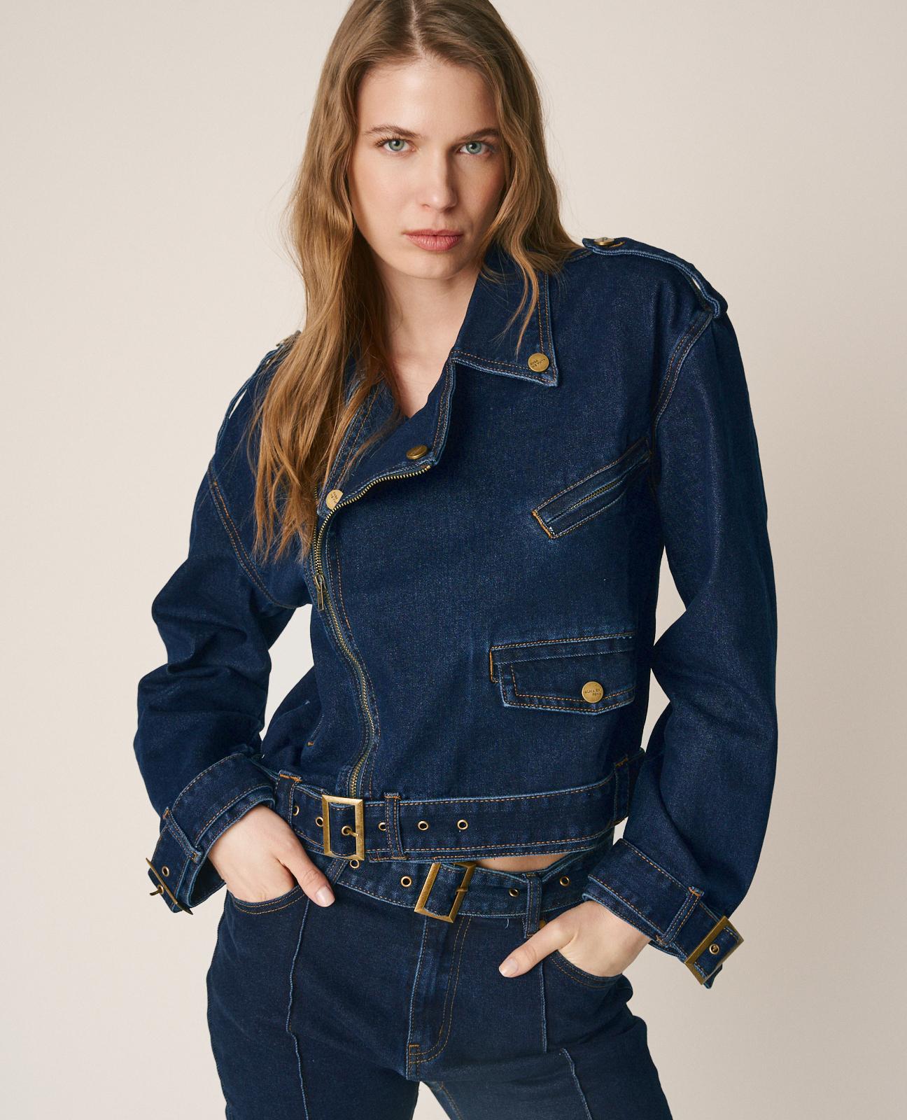 Blusão Jeans com Mangas de Fivelas Ajustáveis Azul-escuro-3