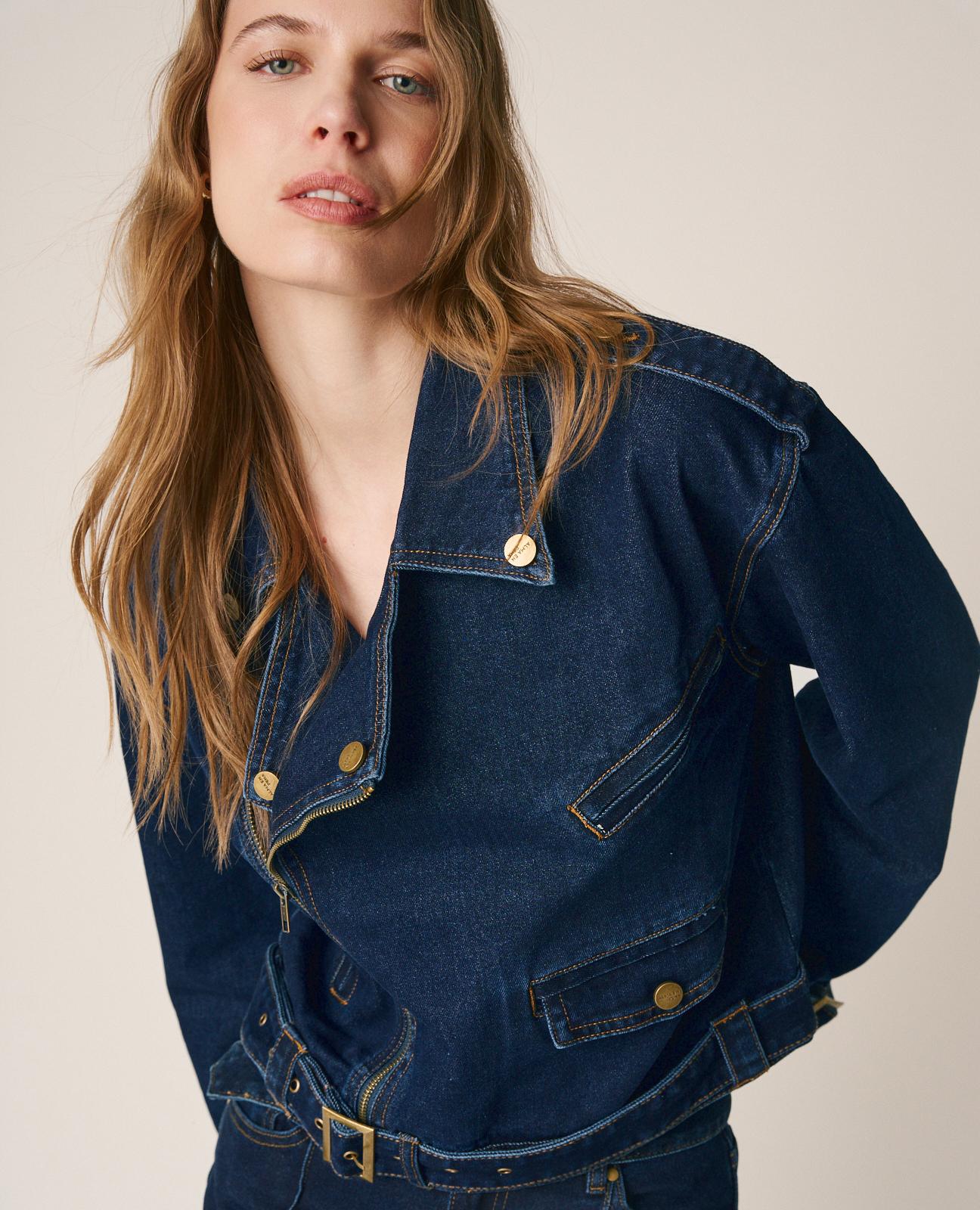 Blusão Jeans com Mangas de Fivelas Ajustáveis Azul-escuro-4