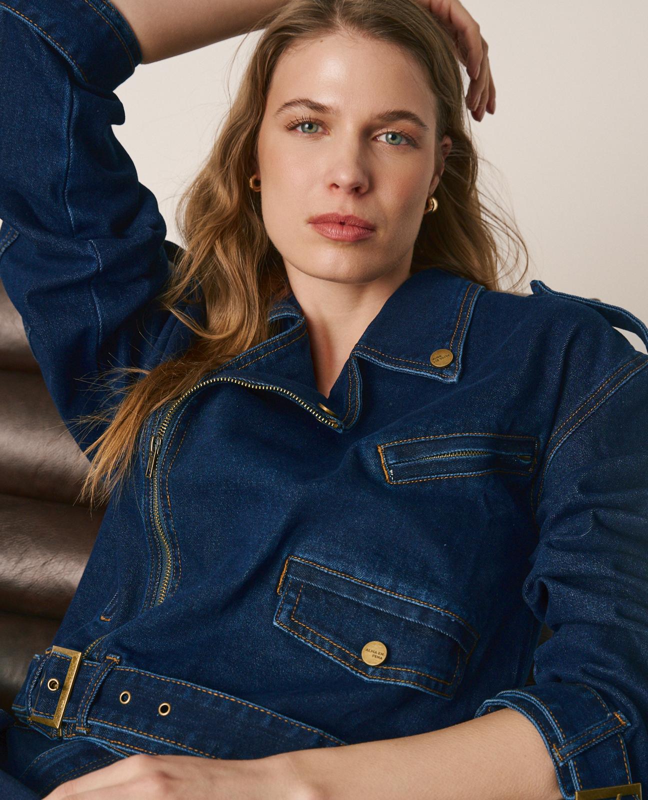 Blusão Jeans com Mangas de Fivelas Ajustáveis Azul-escuro-5