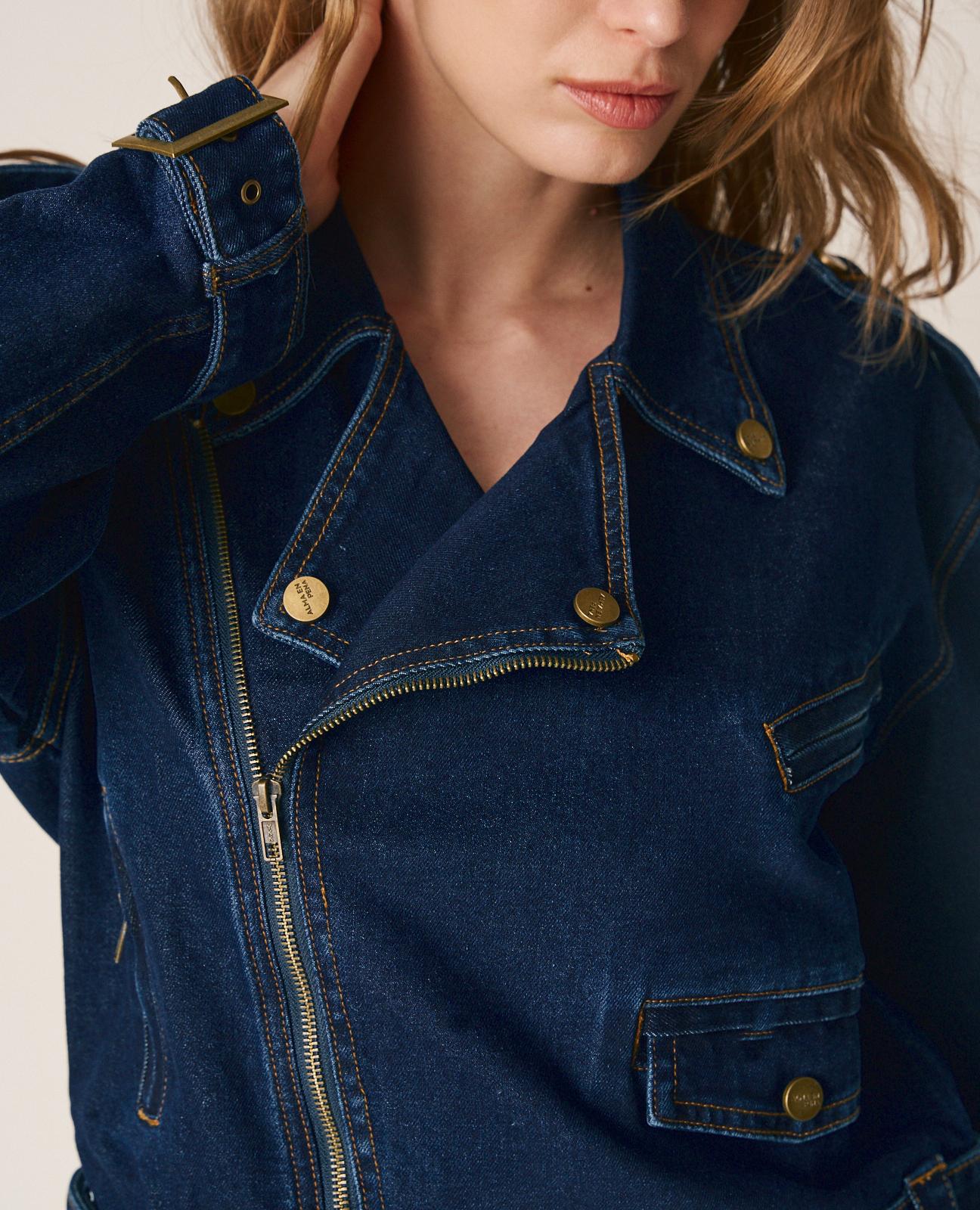 Blusão Jeans com Mangas de Fivelas Ajustáveis Azul-escuro-6