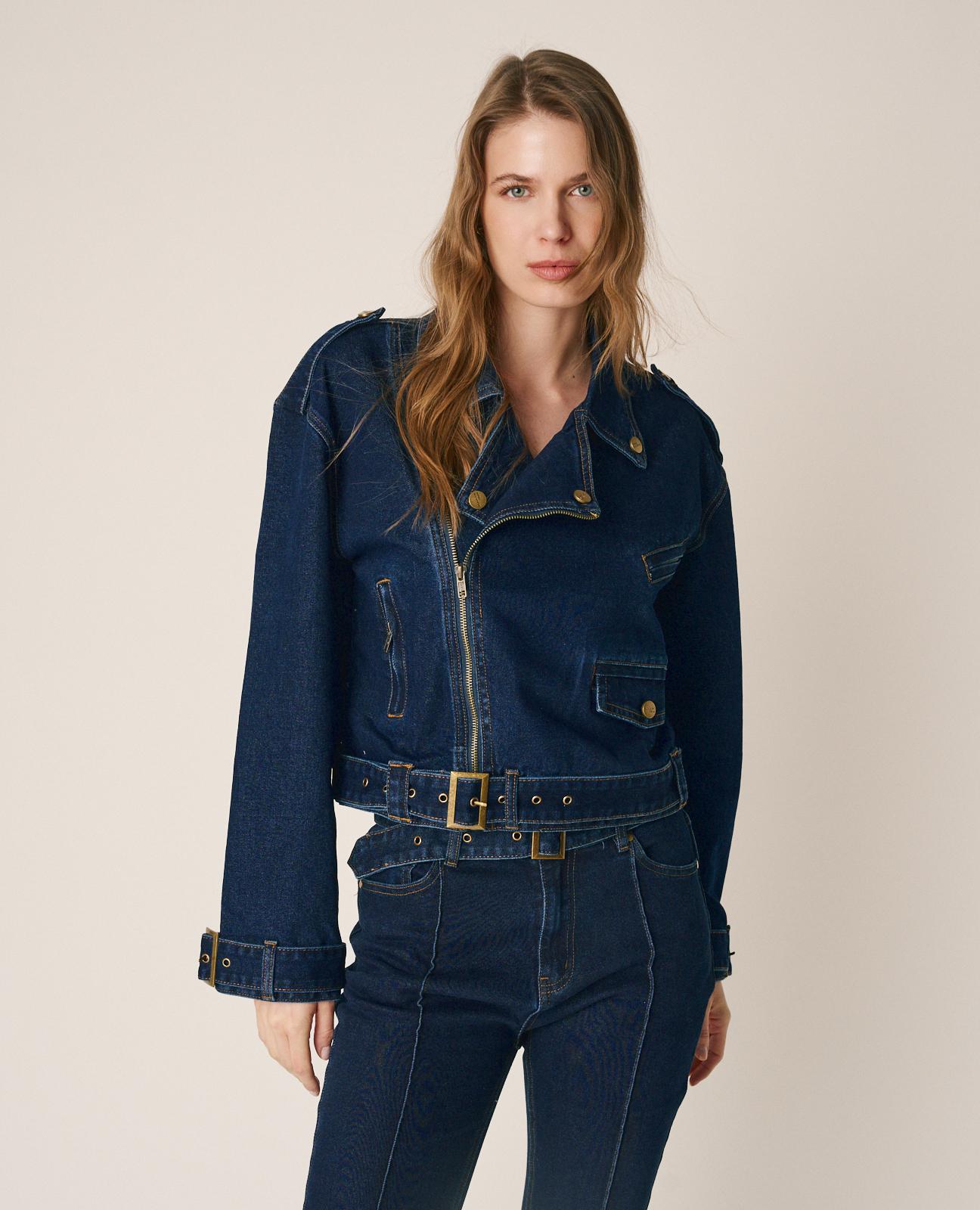 Blusão Jeans com Mangas de Fivelas Ajustáveis Azul-escuro-7