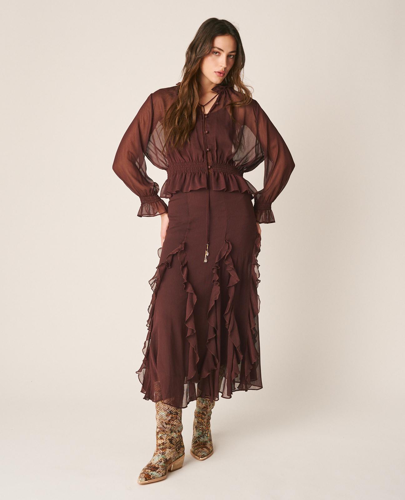 Saia Midi com Folhos e Fecho Zip Grená-1
