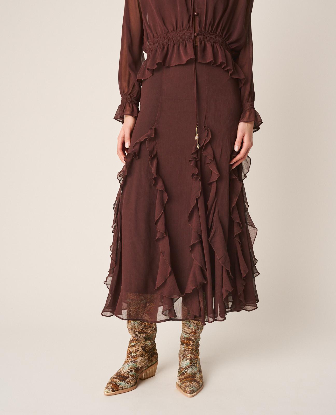 Saia Midi com Folhos e Fecho Zip Grená-2
