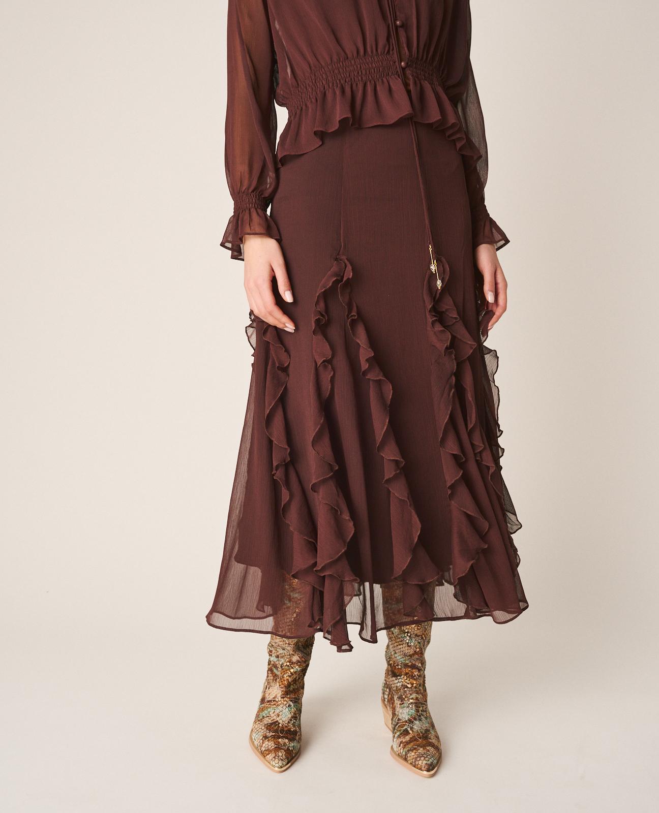 Saia Midi com Folhos e Fecho Zip Grená-3
