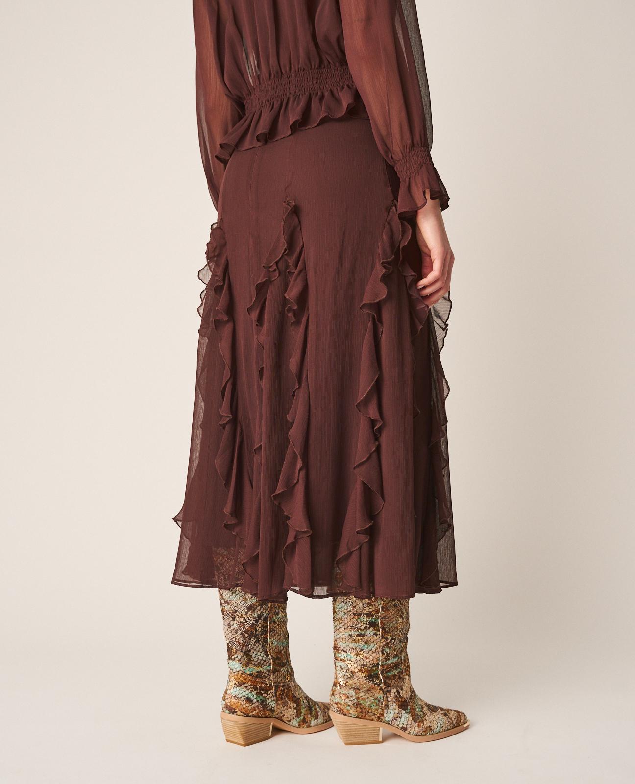 Saia Midi com Folhos e Fecho Zip Grená-4