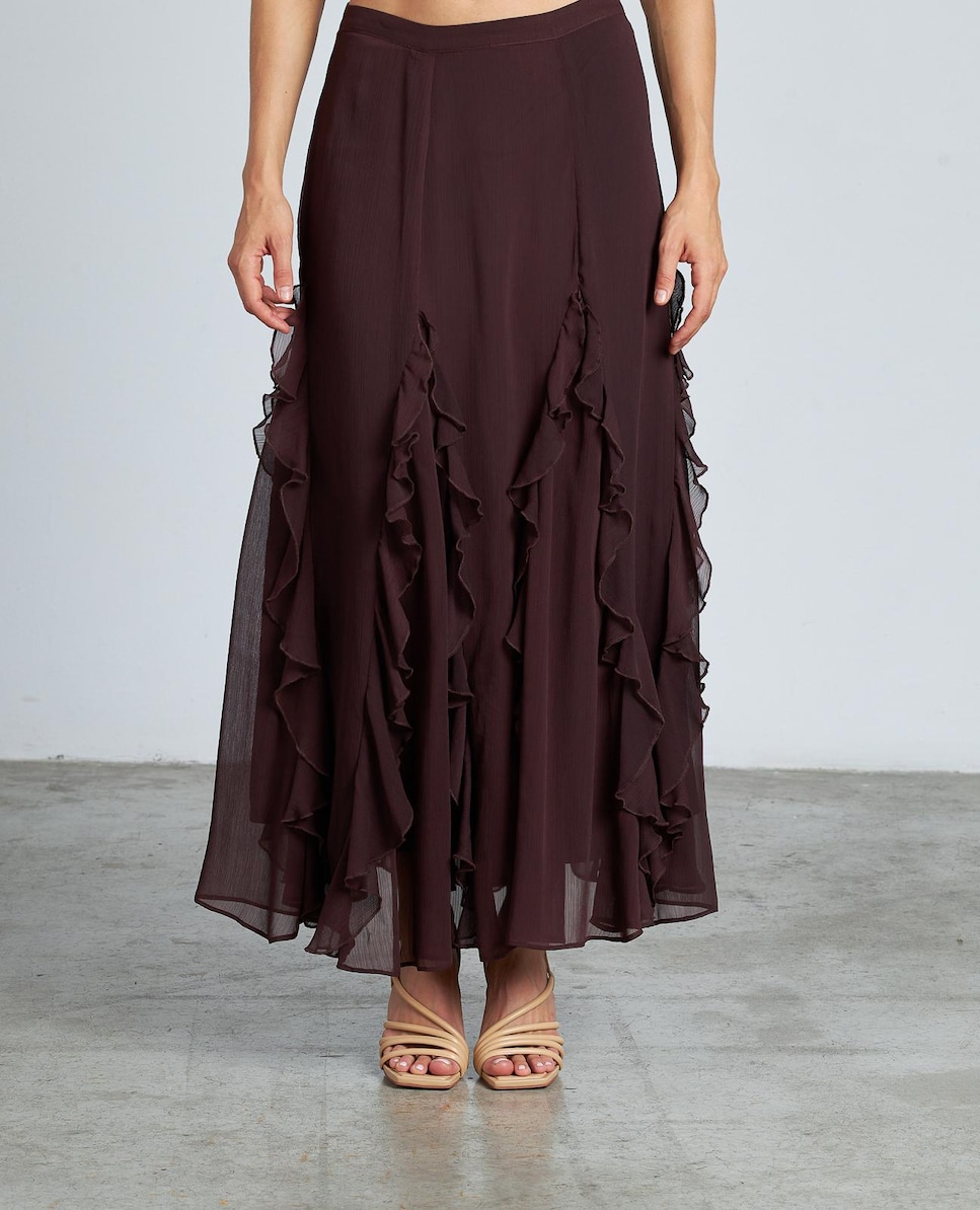 Saia Midi com Folhos e Fecho Zip Grená-1