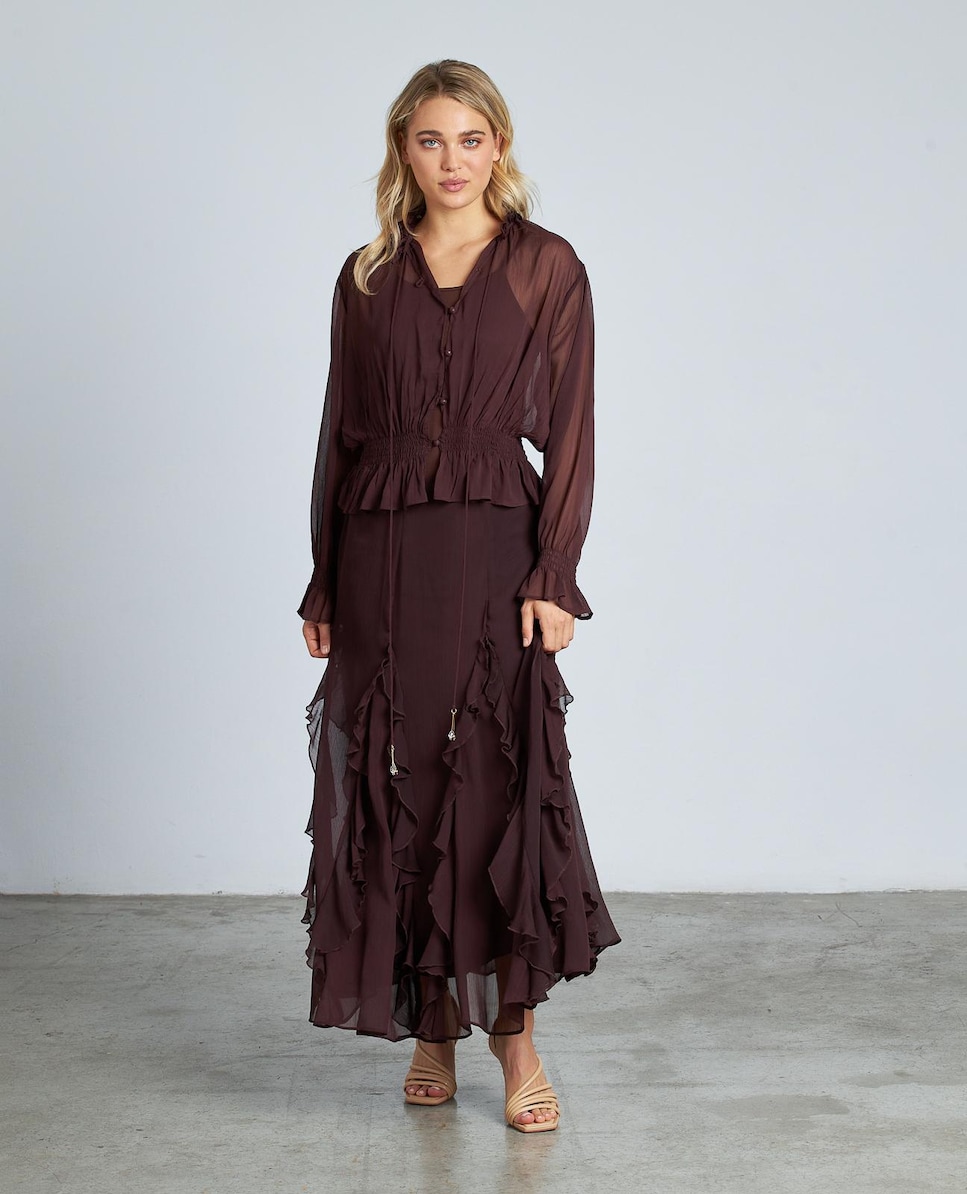 Saia Midi com Folhos e Fecho Zip Grená-2