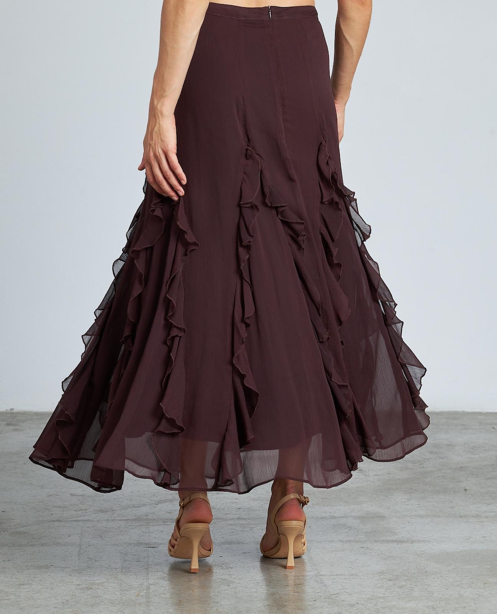 Saia Midi com Folhos e Fecho Zip Grená-3