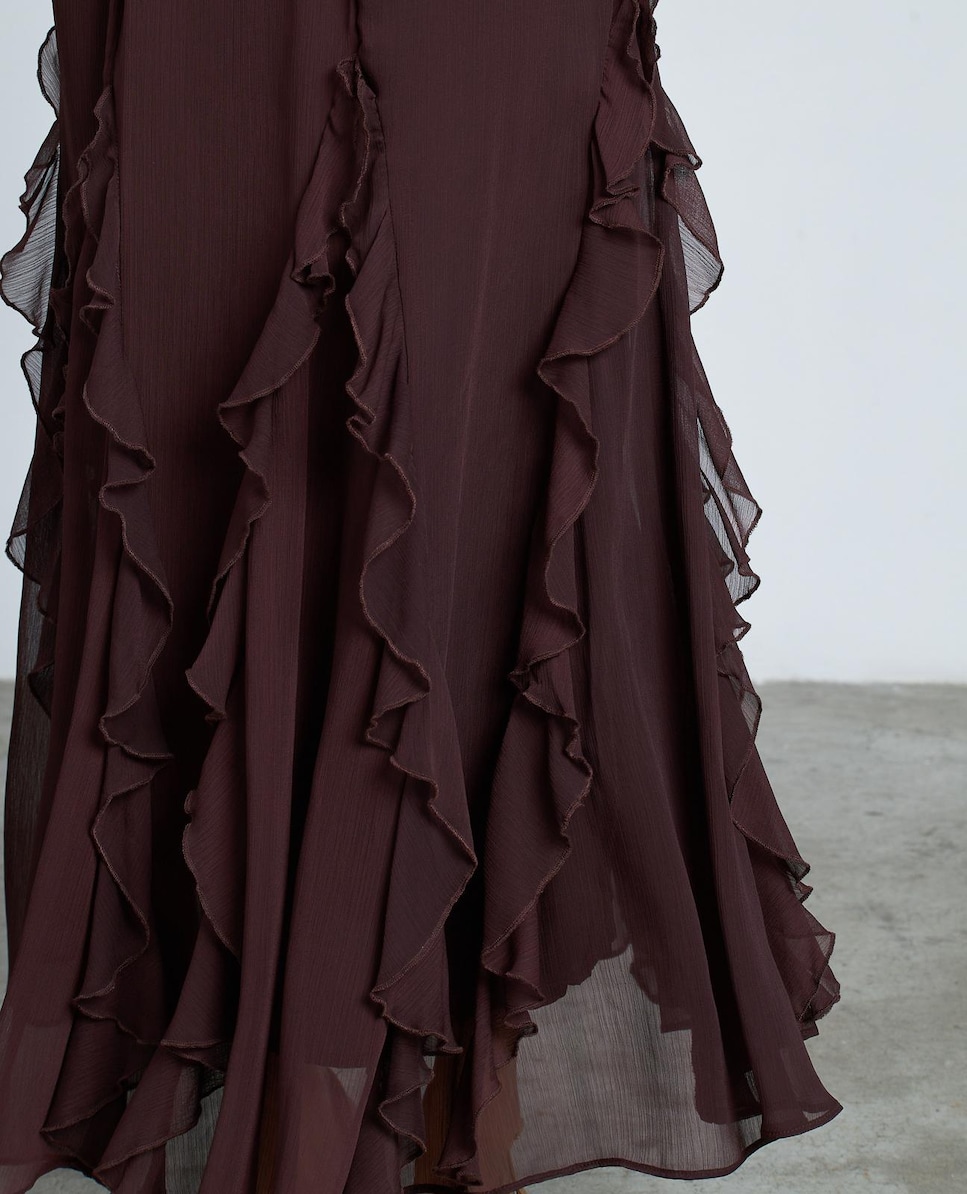 Saia Midi com Folhos e Fecho Zip Grená-4