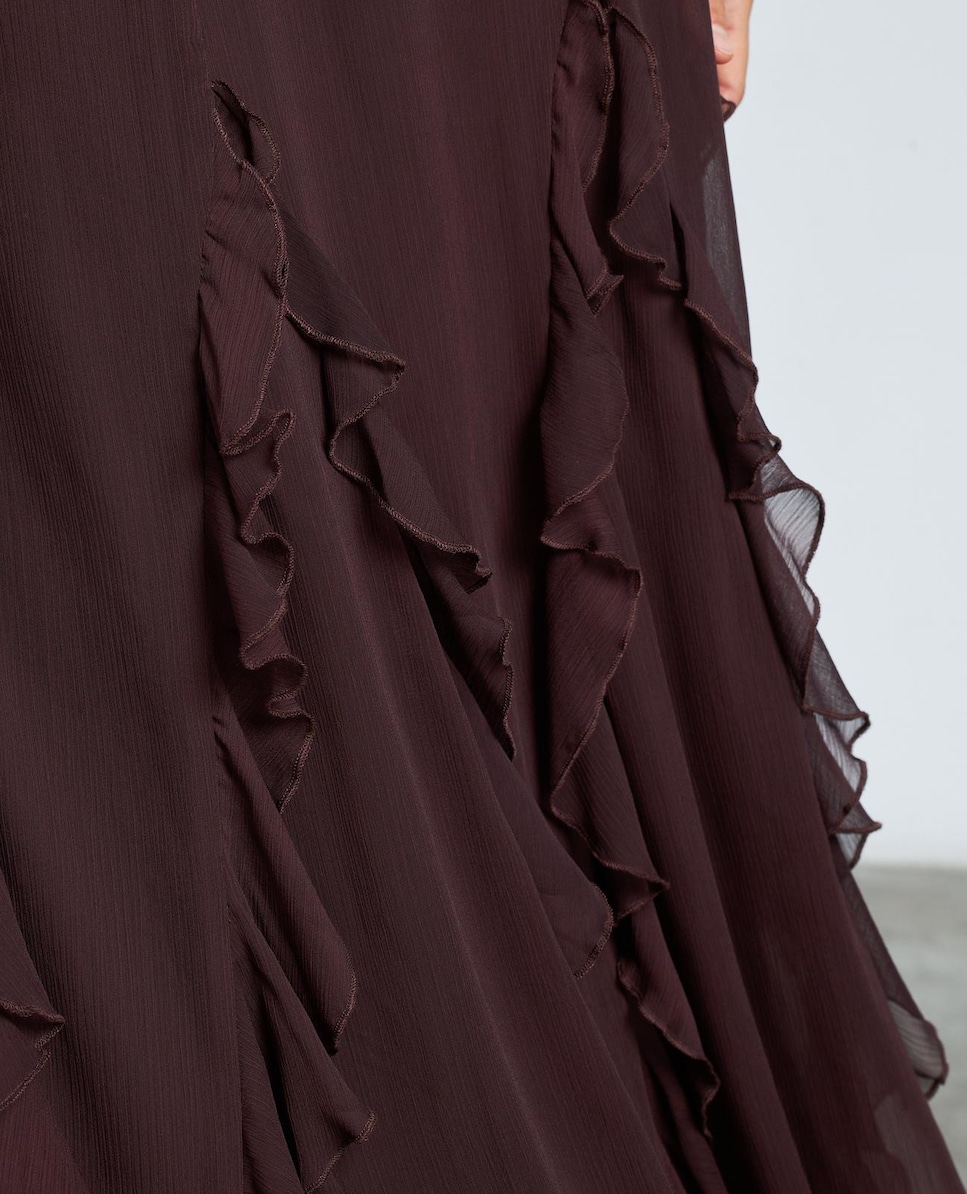 Saia Midi com Folhos e Fecho Zip Grená-5