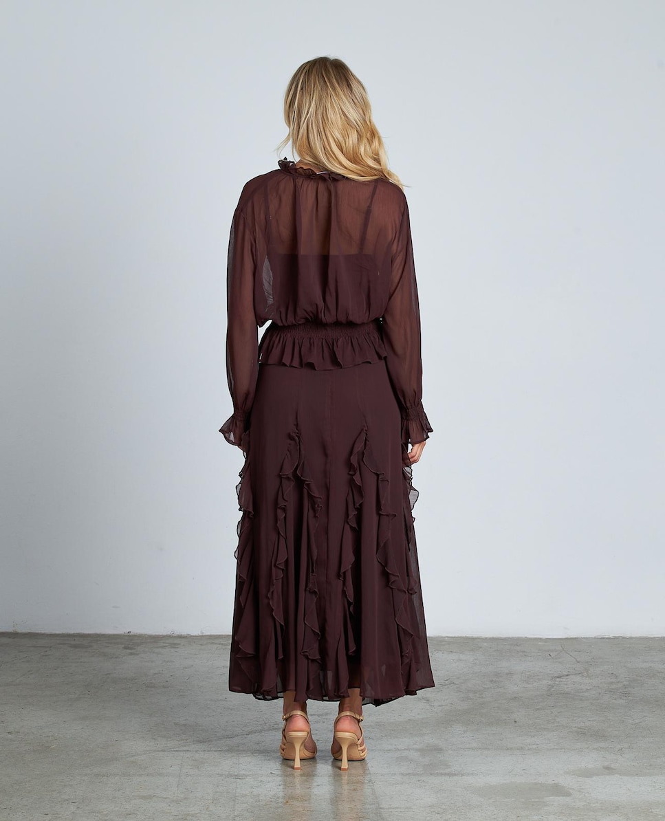 Saia Midi com Folhos e Fecho Zip Grená-6