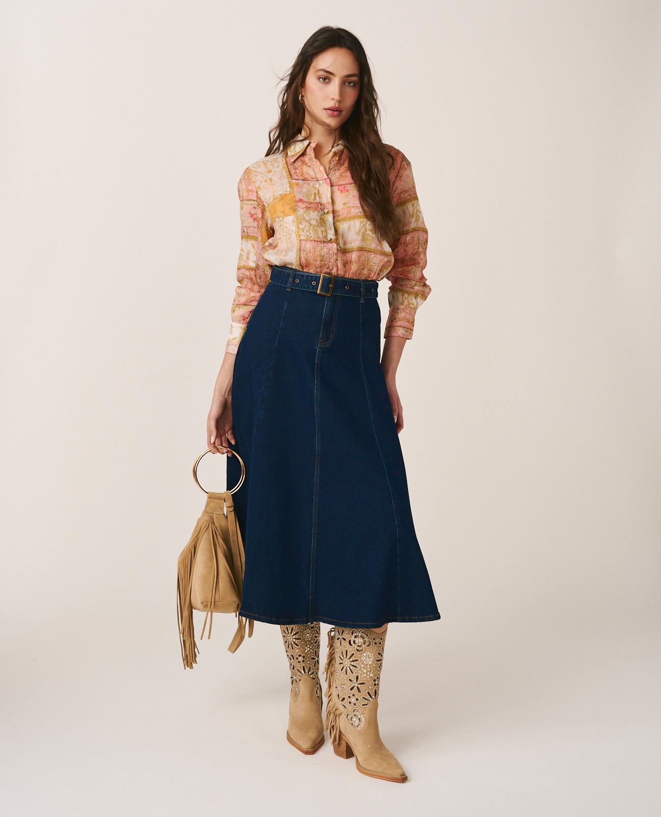 Imagem 0 de Saia Midi Jeans com Cinto Ajustável