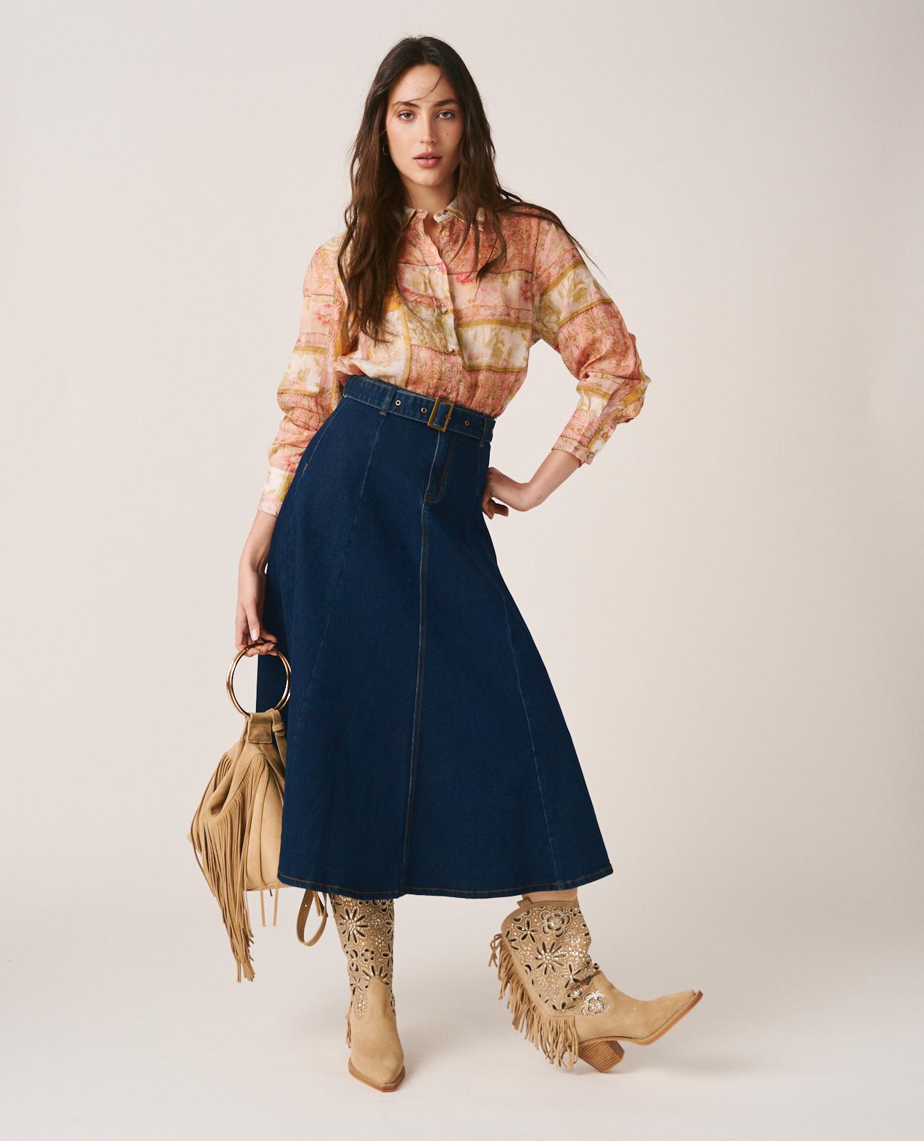 Saia Midi Jeans com Cinto Ajustável Azul-escuro-2